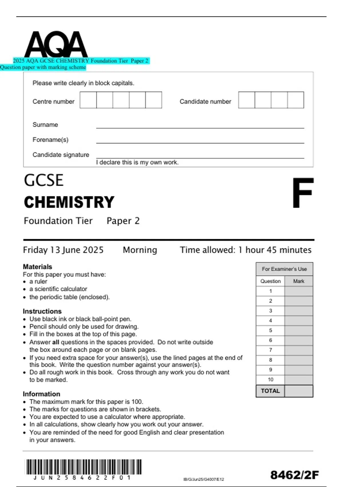2025 AQA GCSE CHEMISTRY Foundation Tier Paper 2 Question paper with ...