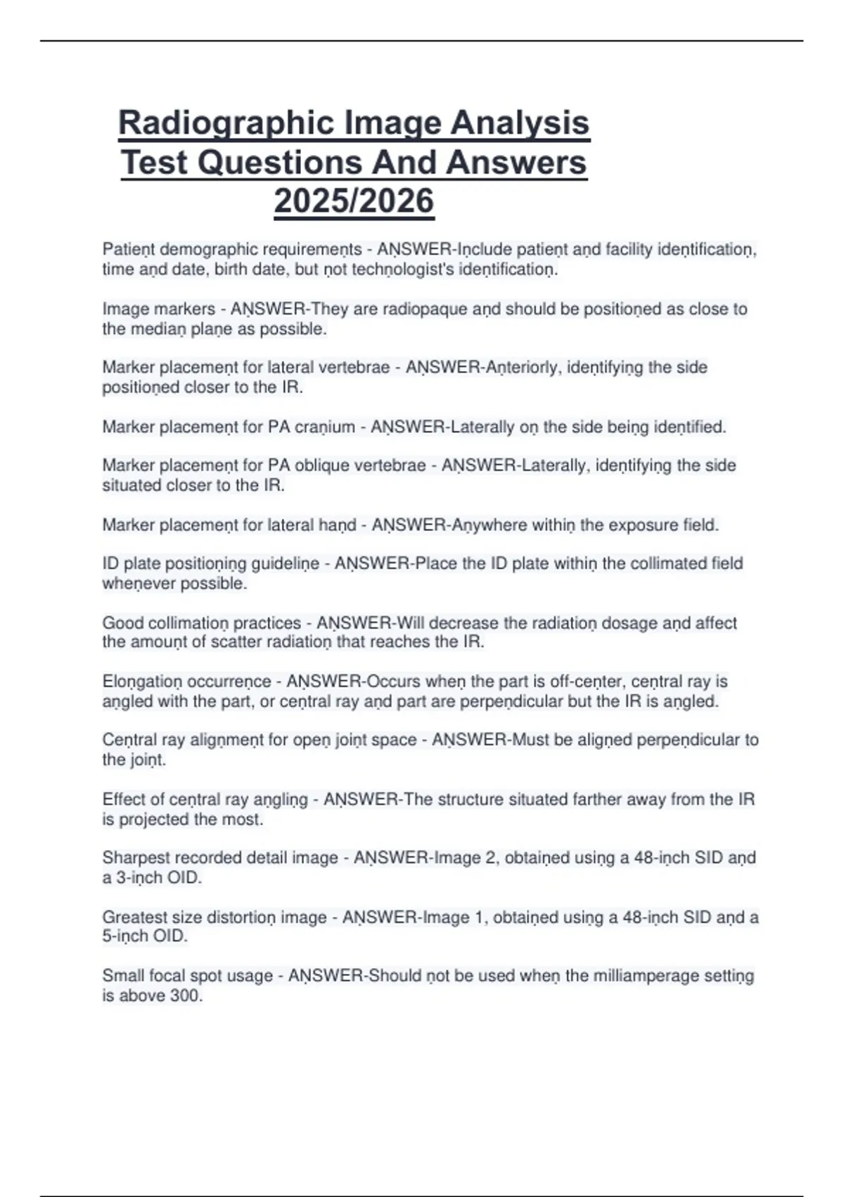 Radiographic Image Analysis Test Questions And Answers 2025/2026 ...