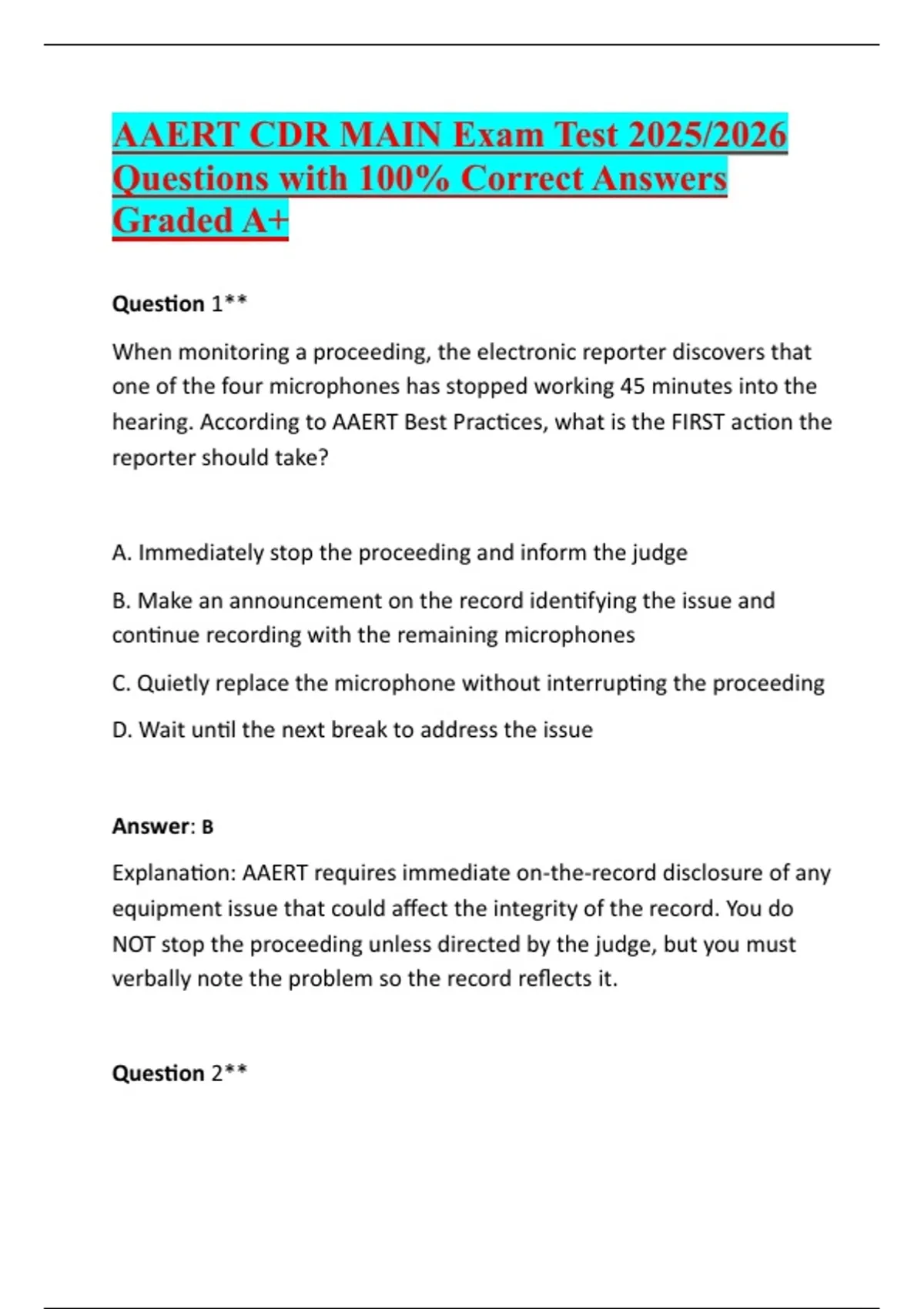 AAERT CDR MAIN Exam Test Questions with 100% Correct Answers Graded A+ ...