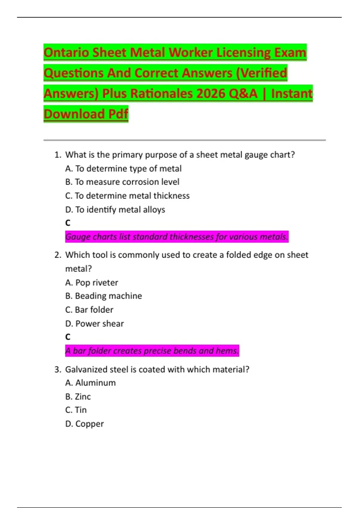 Ontario Sheet Metal Worker Licensing Exam Questions And Correct Answers (Verified Answers) Plus ...