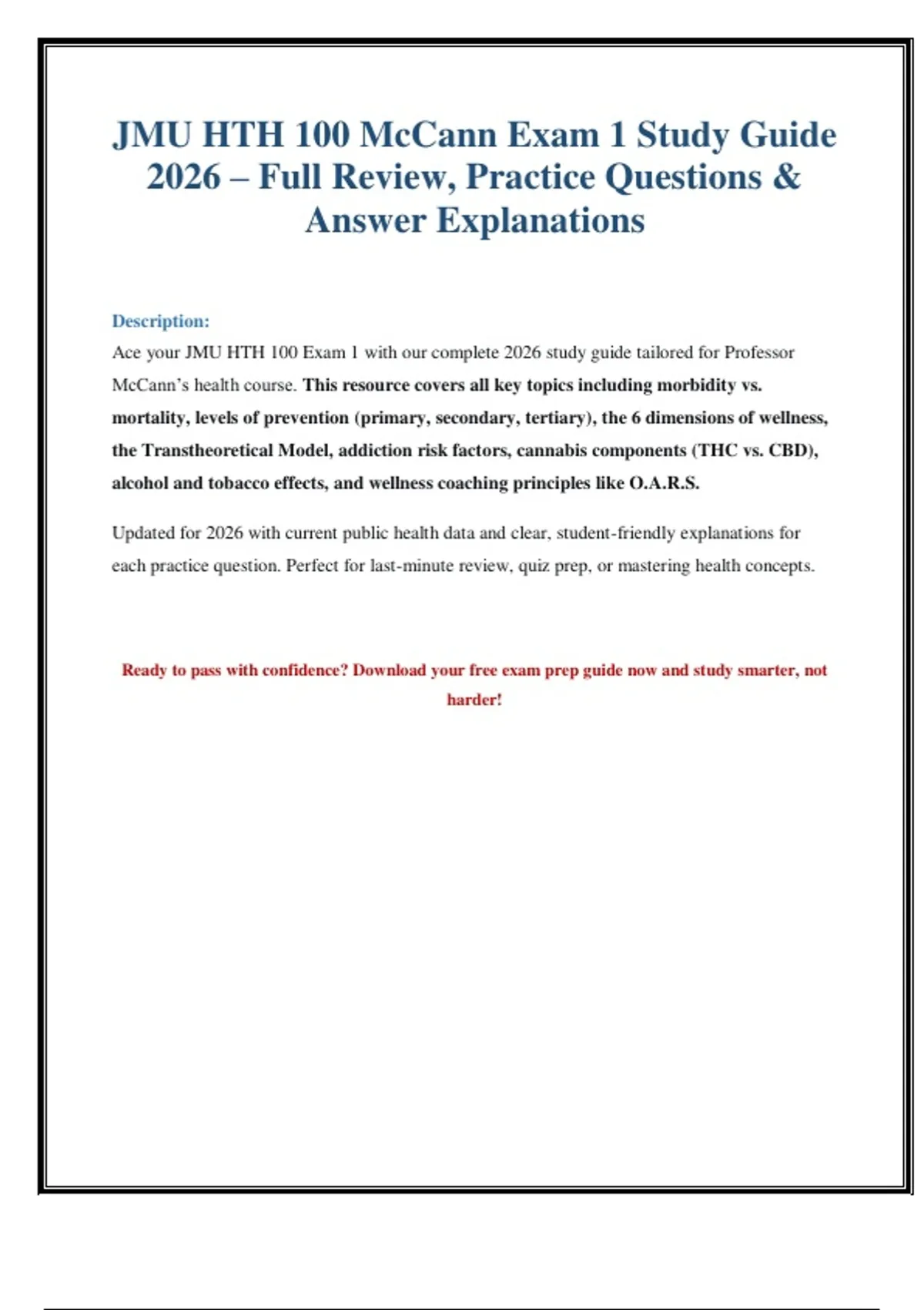 JMU HTH 100 Study Guide 2026: McCann Exam 1–4 Final Review with ...