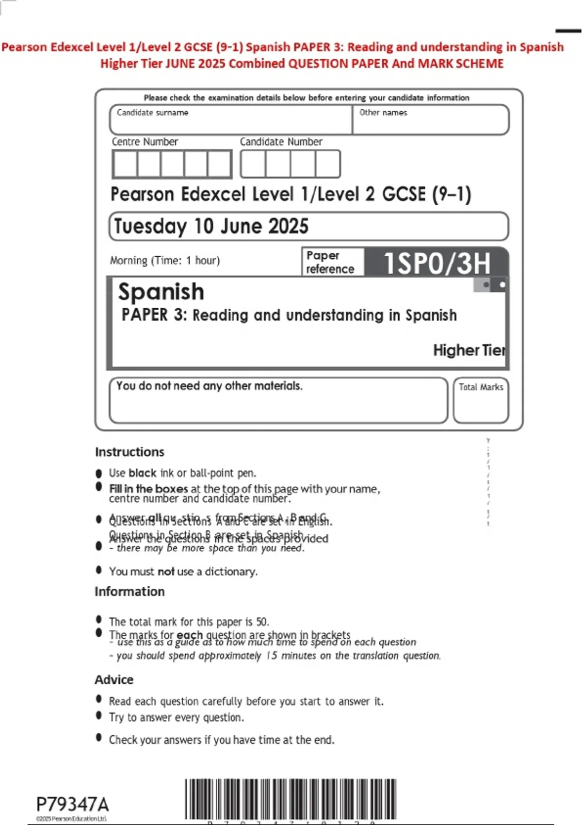 Pearson Spanish Questions Module Pearson Edexcel Level 1/Level 2 GCSE (9–1) Spanish PAPER 3: Reading and ...