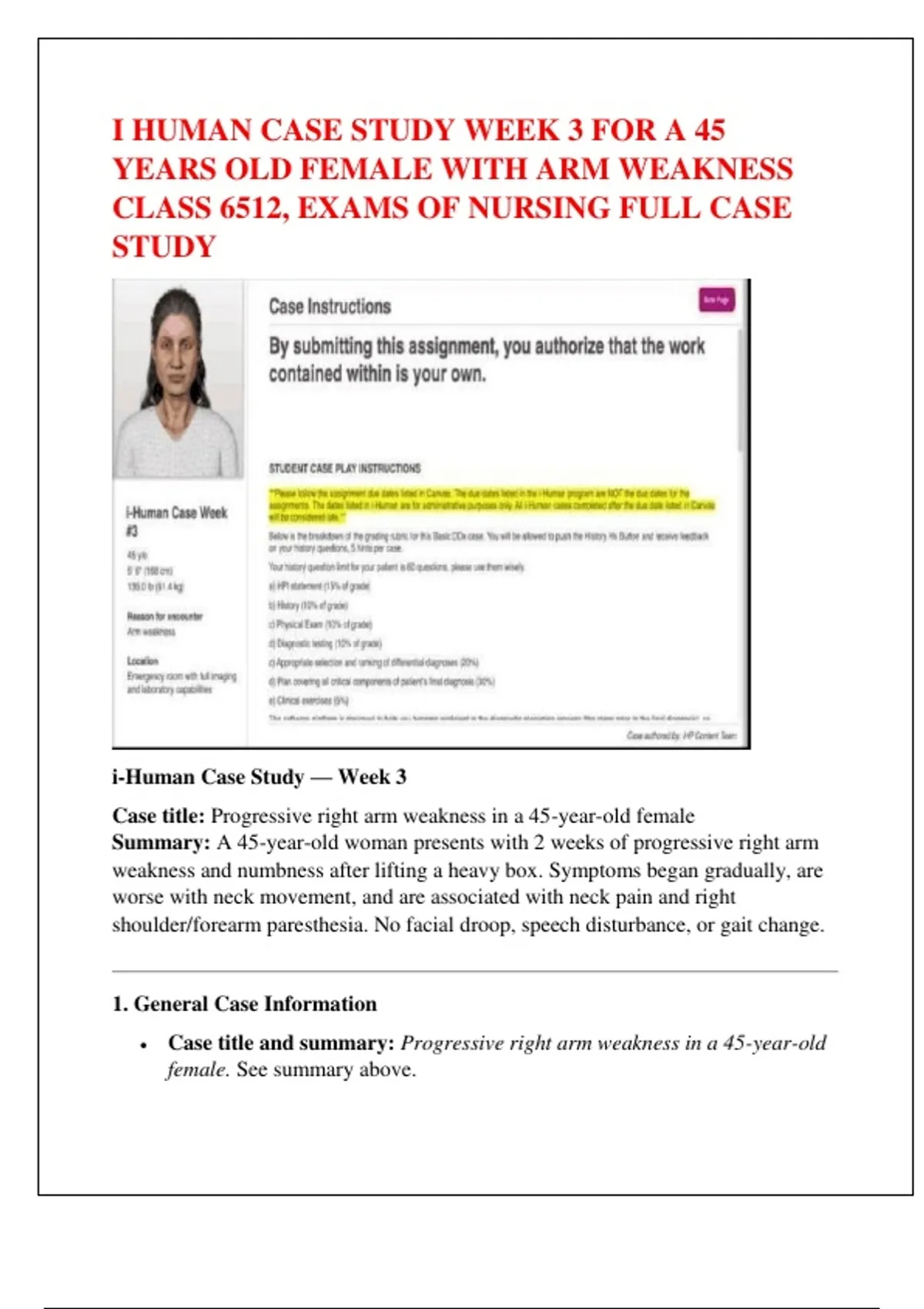 PACKAGE DEAL FOR I-HUMAN CASE STUDIES WEEK 3 FOR A 45 YEARS OLD FEMALE ...