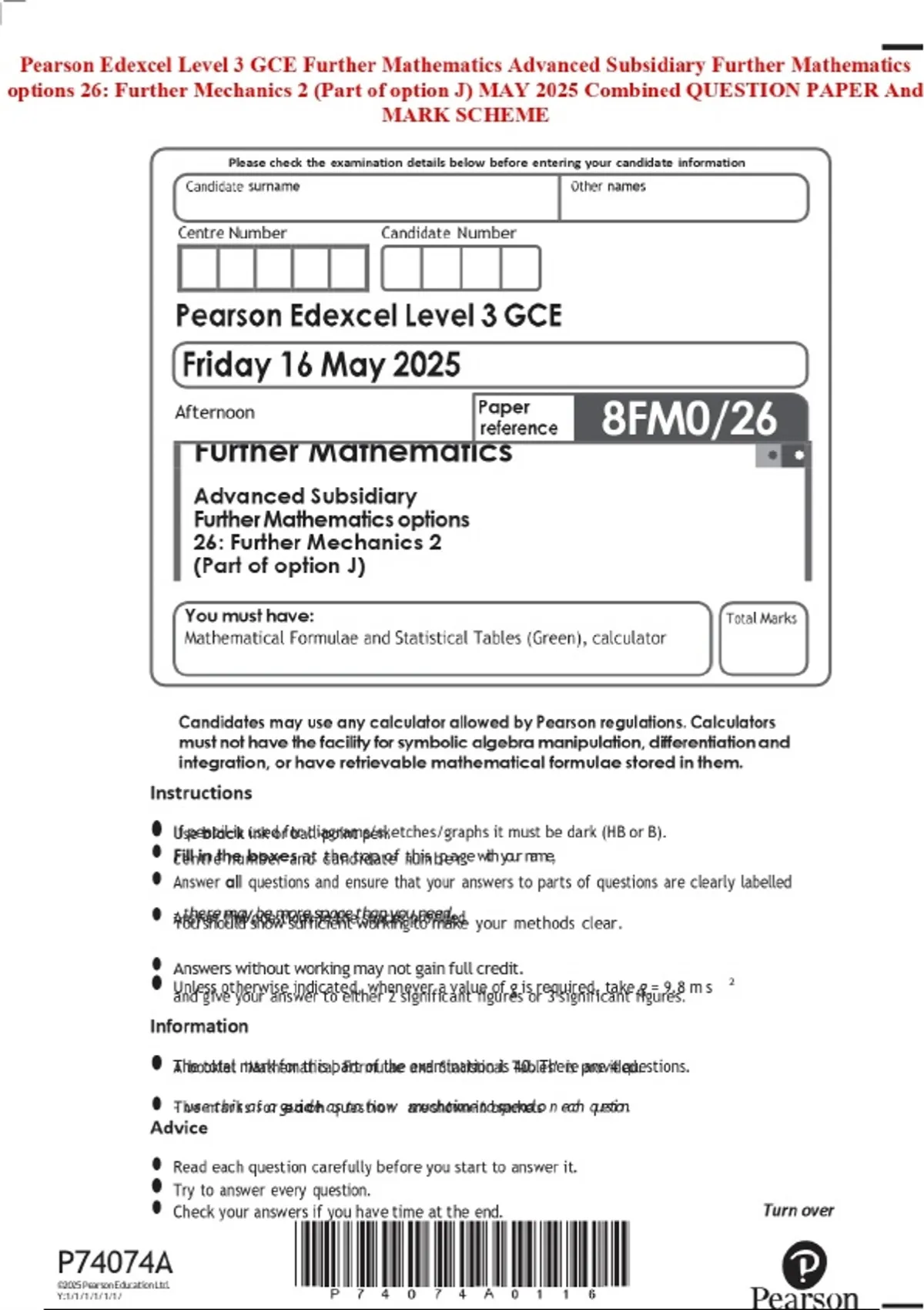 Pearson Edexcel Level 3 GCE Further Mathematics Advanced Subsidiary ...