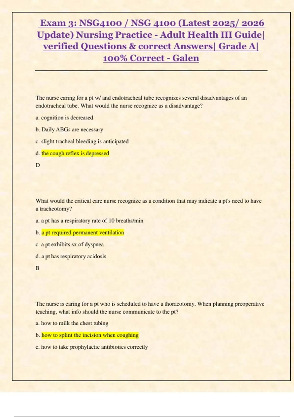Exam 3: NSG4100 / NSG 4100 – Nursing Practice Adult Health III | Latest ...