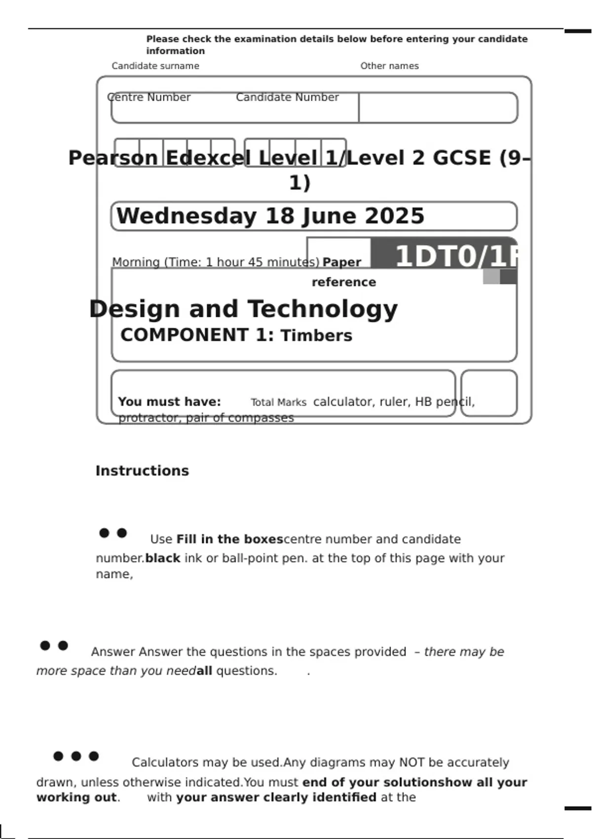 Pearson Edexcel GCSE Design and Technology – Timbers Summer 2025 Exam ...