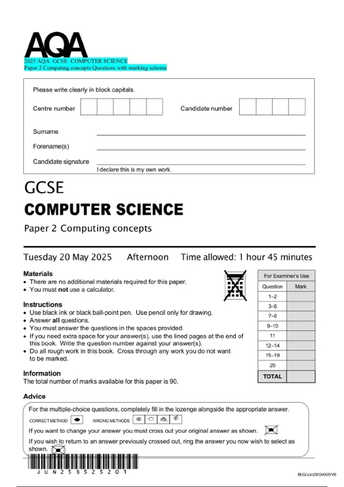 2025 AQA GCSE COMPUTER SCIENCE Paper 2 Computing concepts Question ...