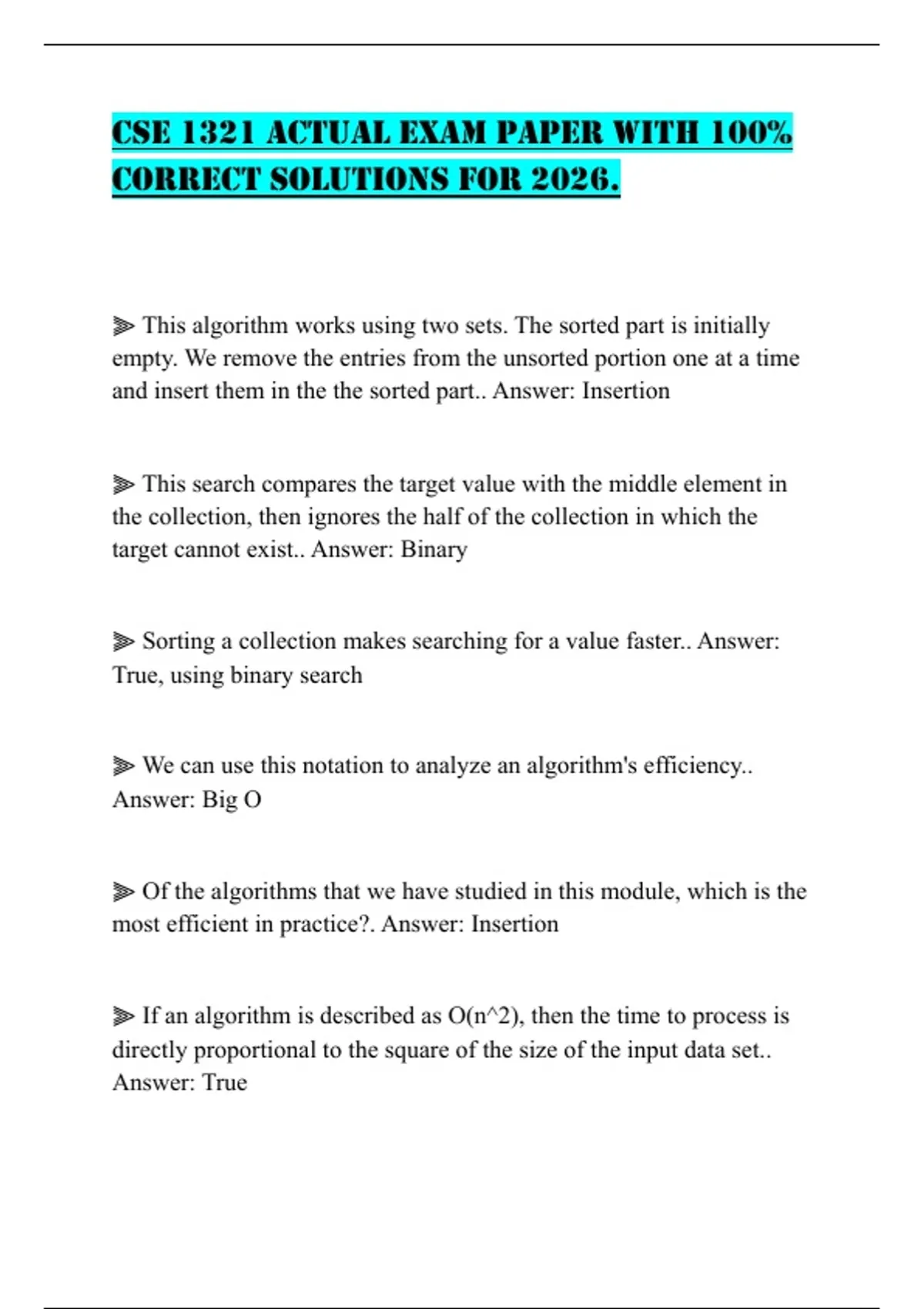 CSE 1321 ACTUAL EXAM PAPER WITH 100% CORRECT SOLUTIONS FOR 2026. - CSE ...