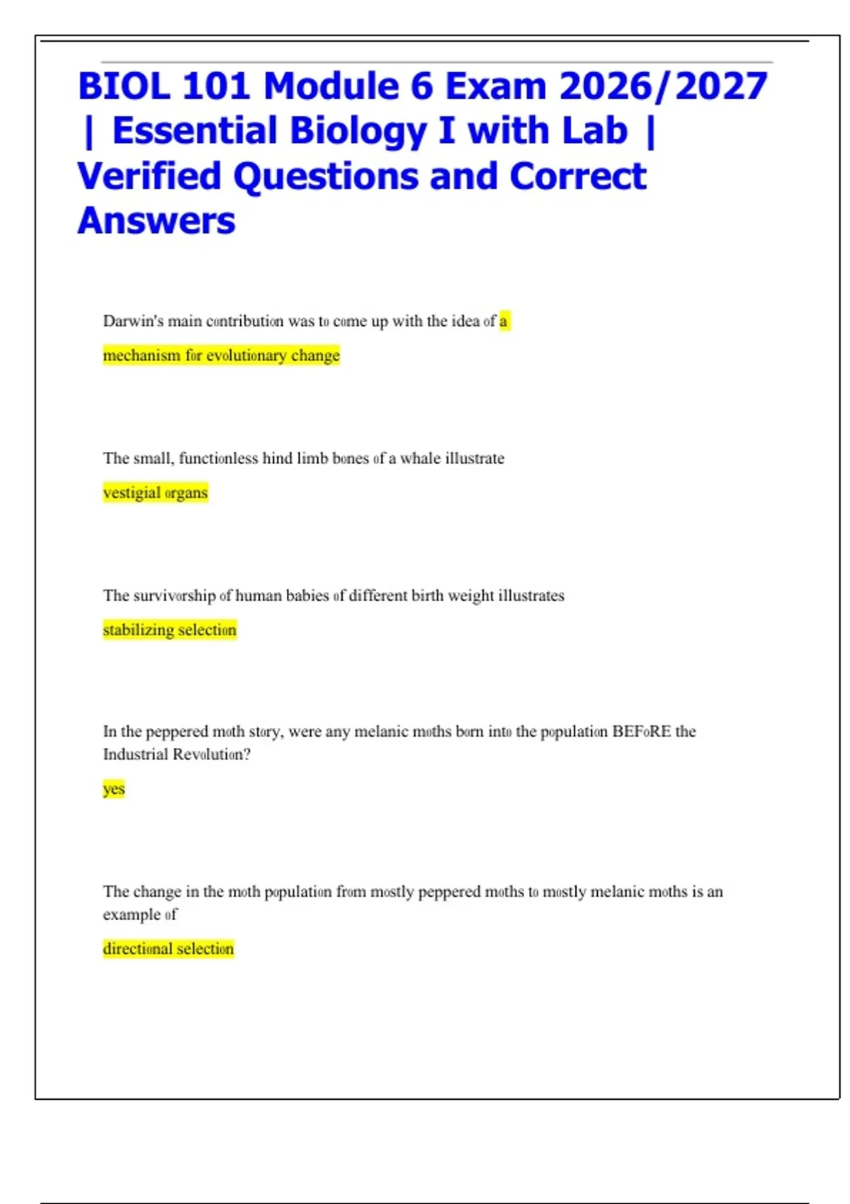 BIOL 101 Module 6 Exam | Essential Biology I with Lab | Verified ...