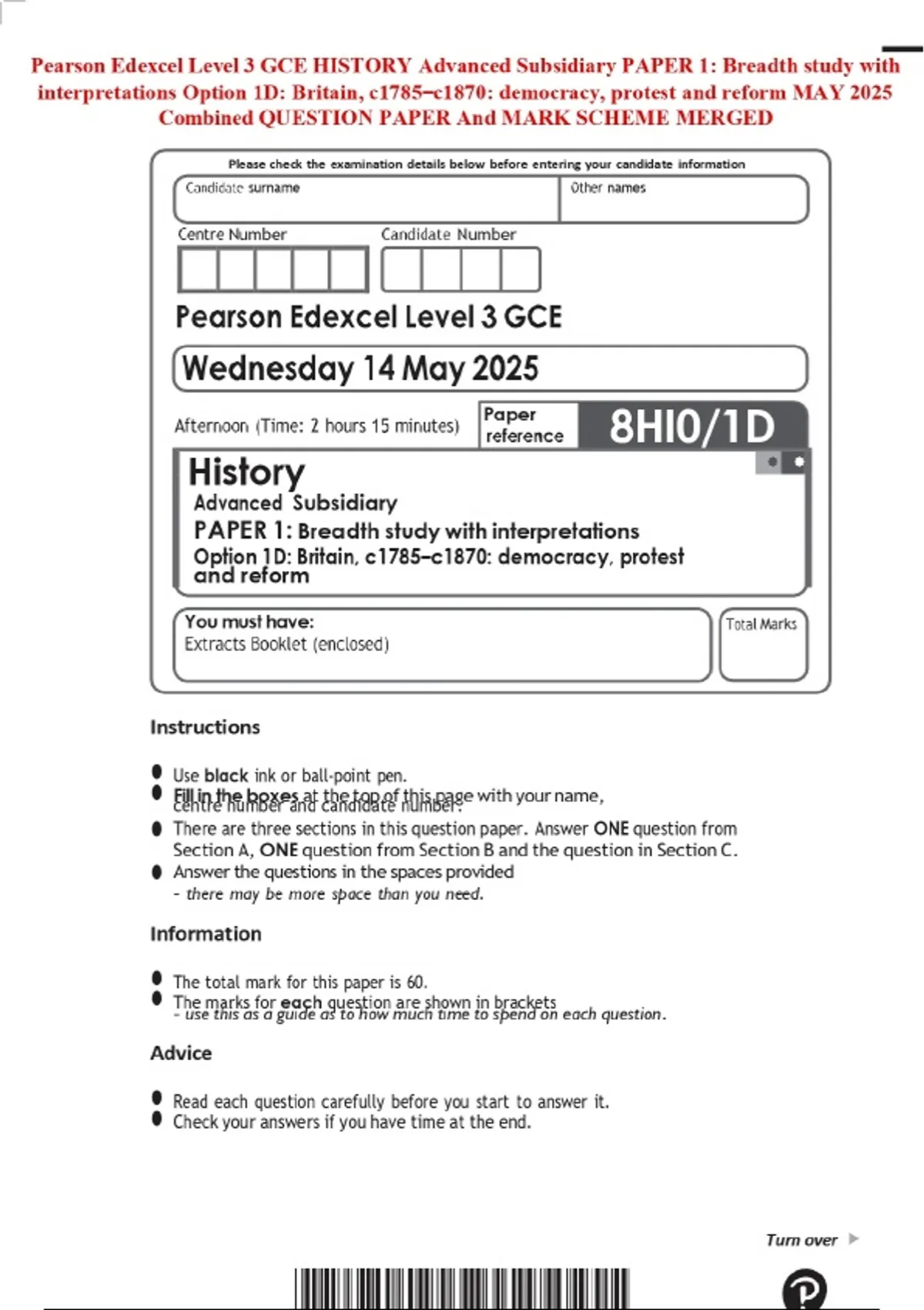 Pearson Edexcel Level 3 GCE HISTORY Advanced Subsidiary PAPER 1 ...