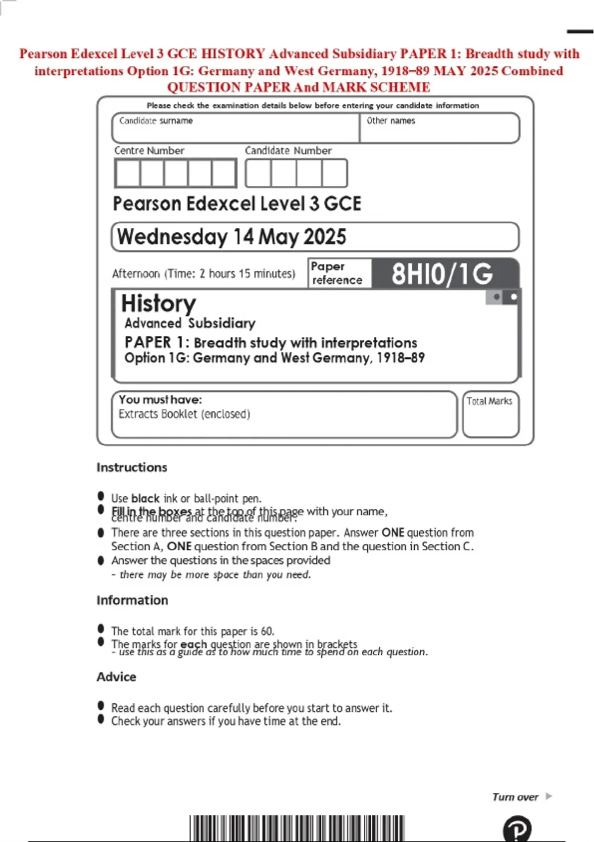 Pearson Edexcel Level 3 GCE HISTORY Advanced Subsidiary PAPER 1 ...