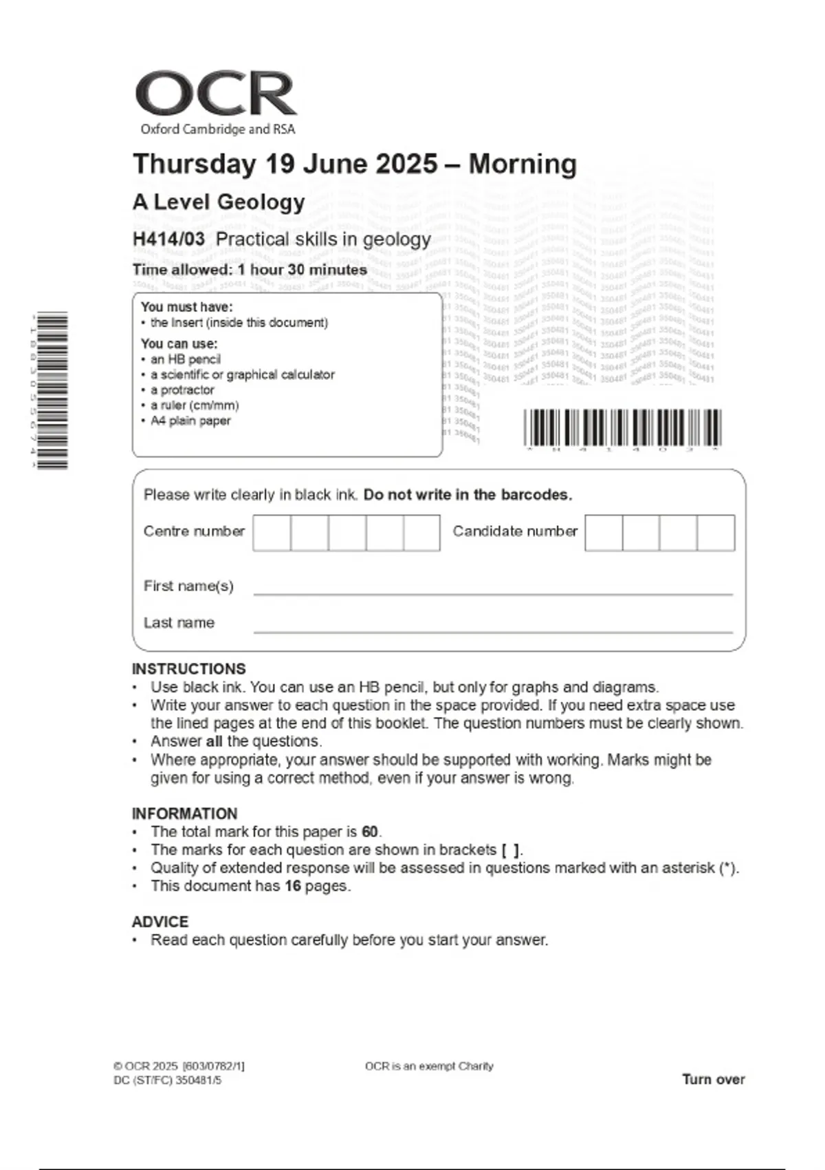 2025 OCR A Level Geology H414/03 Practical skills in geology Combined ...