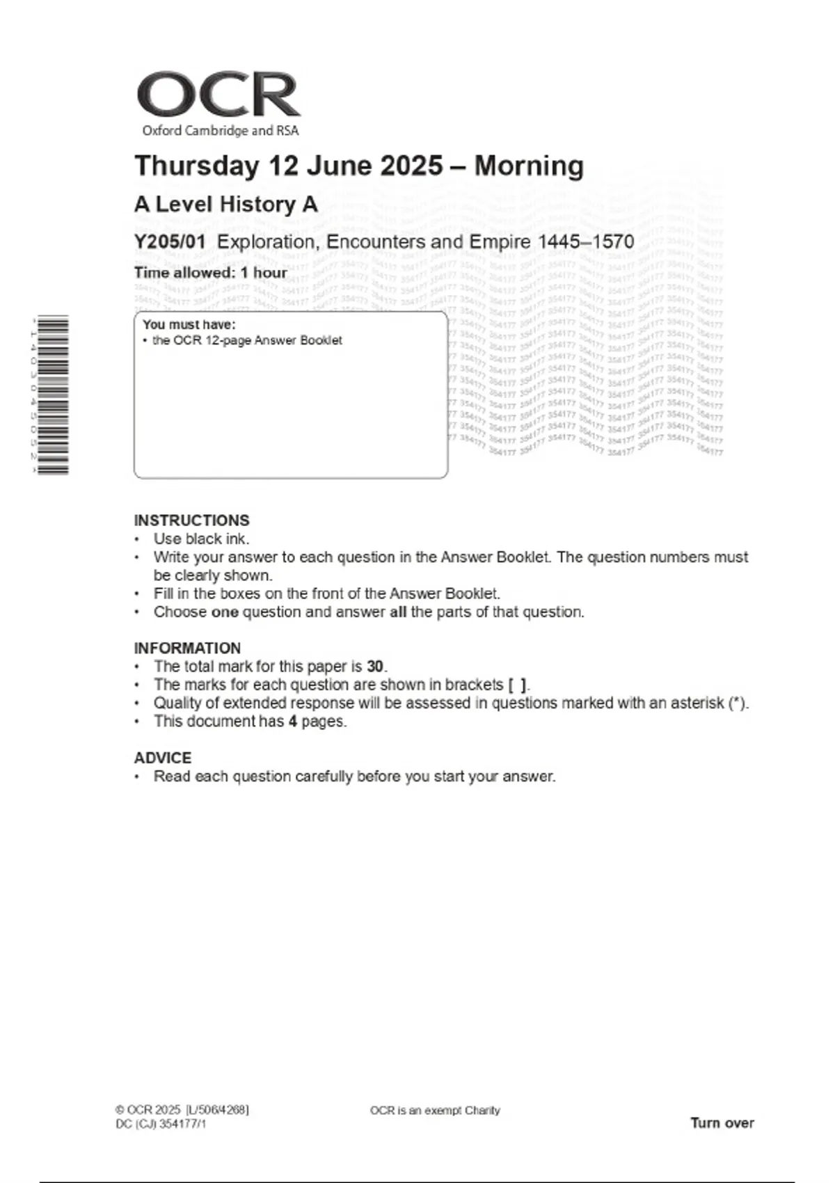 2025 OCR A Level History A Y205/01 Exploration, Encounters and Empire ...