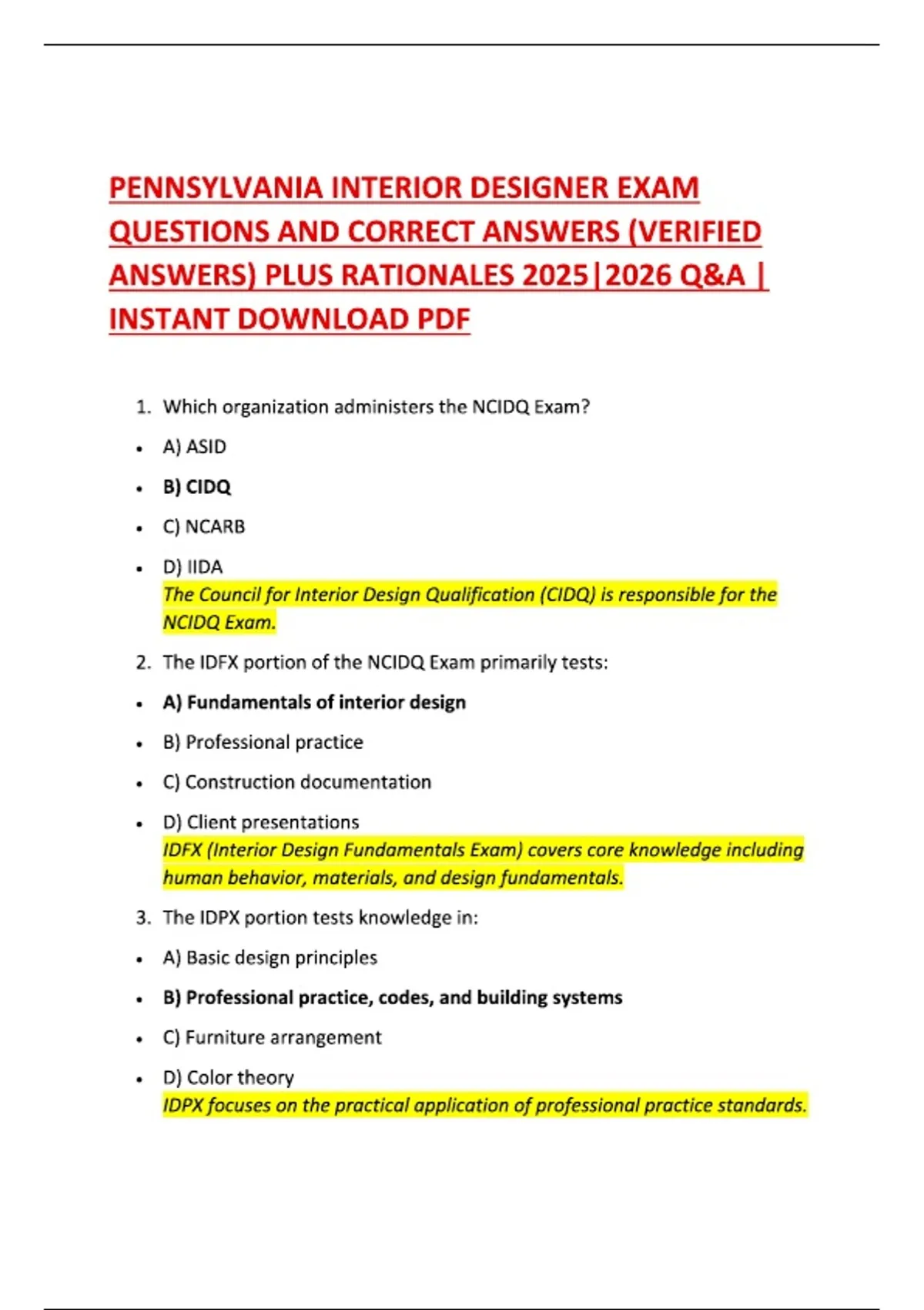 PENNSYLVANIA INTERIOR DESIGNER EXAM QUESTIONS AND CORRECT ANSWERS ...