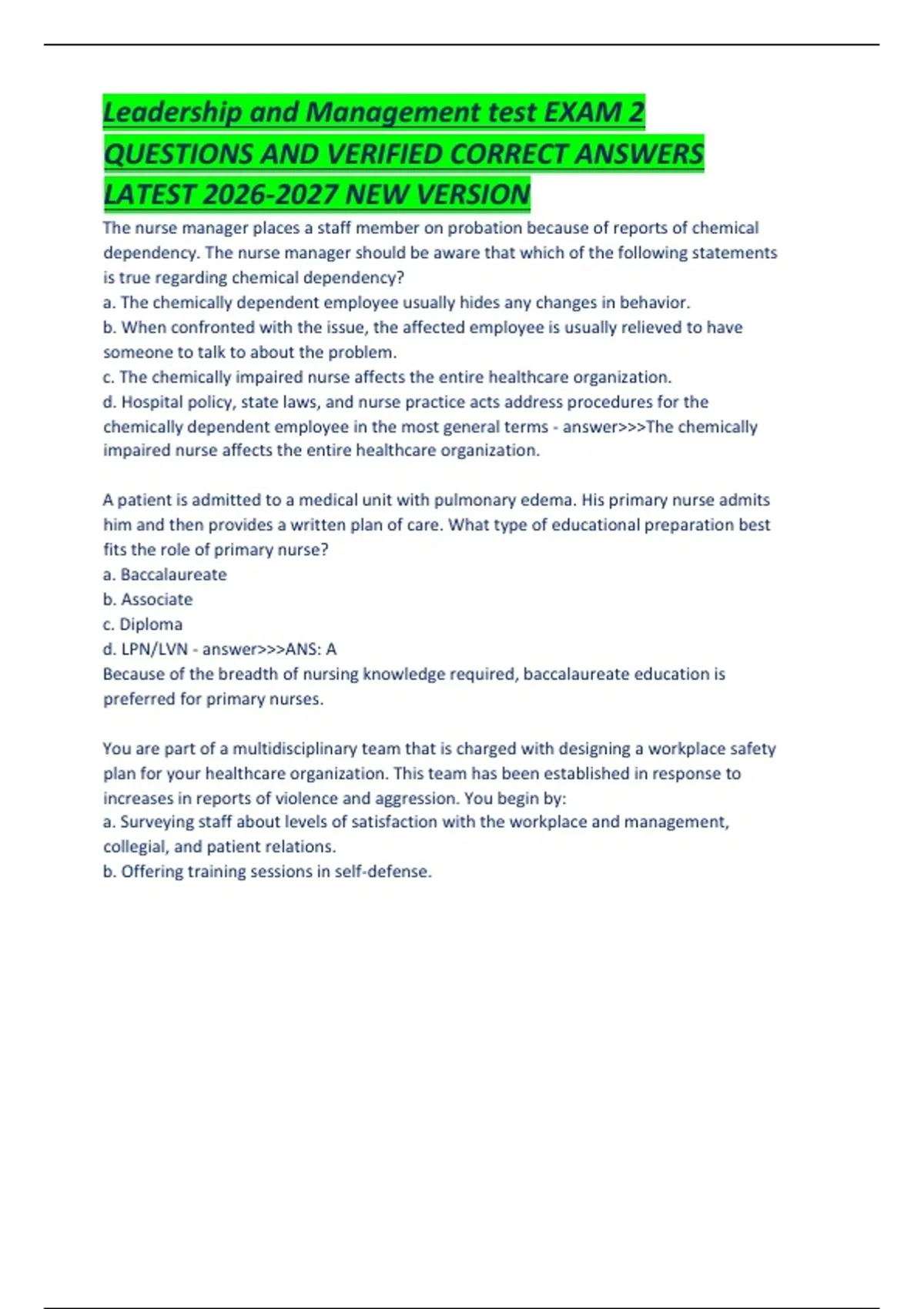 Leadership and Management test EXAM 2 QUESTIONS AND VERIFIED CORRECT ...