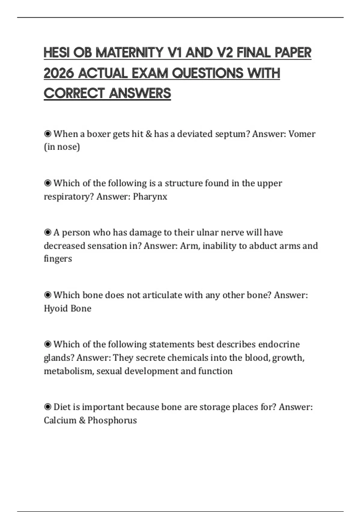 HESI OB MATERNITY V1 AND V2 FINAL PAPER 2026 ACTUAL EXAM QUESTIONS WITH ...