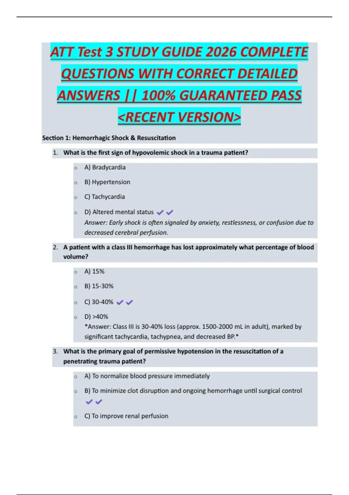 ATT Test 3 STUDY GUIDE 2026 COMPLETE QUESTIONS WITH CORRECT DETAILED ...