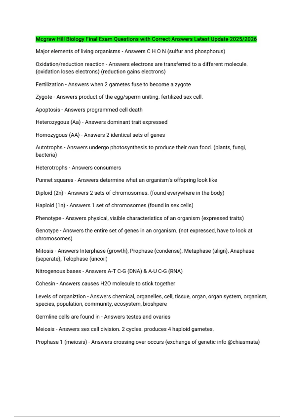 Mcgraw Hill Biology Final Exam Questions with Correct Answers Latest Update 2025/2026 - Mcgraw ...