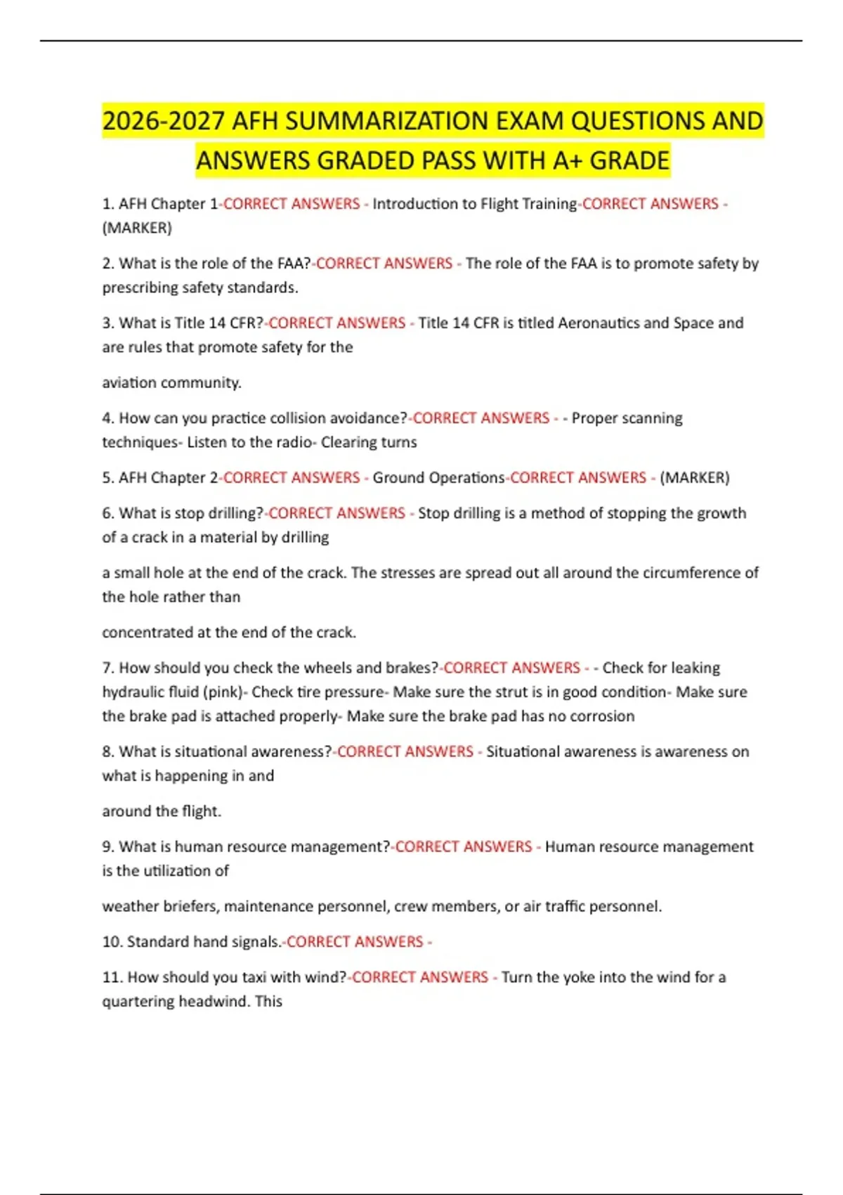AFH SUMMARIZATION EXAM QUESTIONS AND ANSWERS GRADED PASS WITH A+ GRADE ...