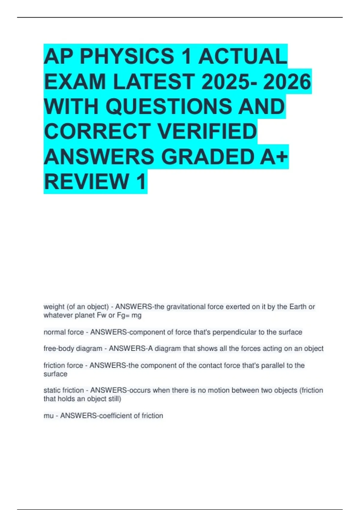AP PHYSICS 1 ACTUAL EXAM LATEST WITH QUESTIONS AND CORRECT VERIFIED ...