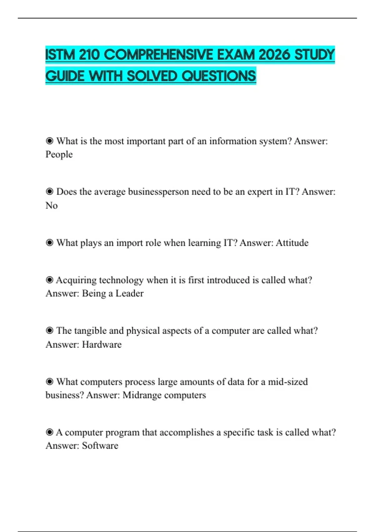 ISTM 210 COMPREHENSIVE EXAM 2026 STUDY GUIDE WITH SOLVED QUESTIONS ...