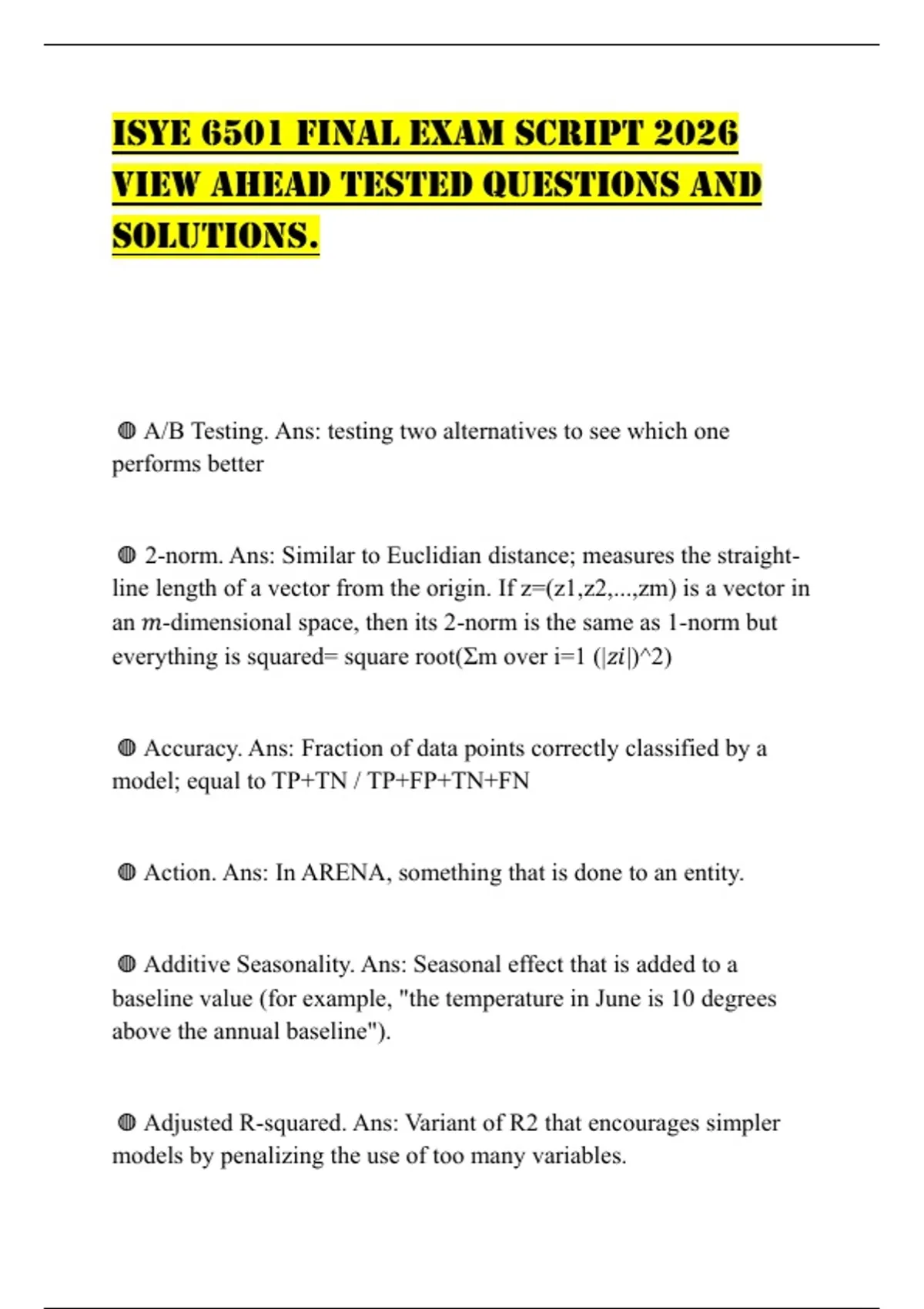 ISYE 6501 FINAL EXAM SCRIPT 2026 VIEW AHEAD TESTED QUESTIONS AND ...