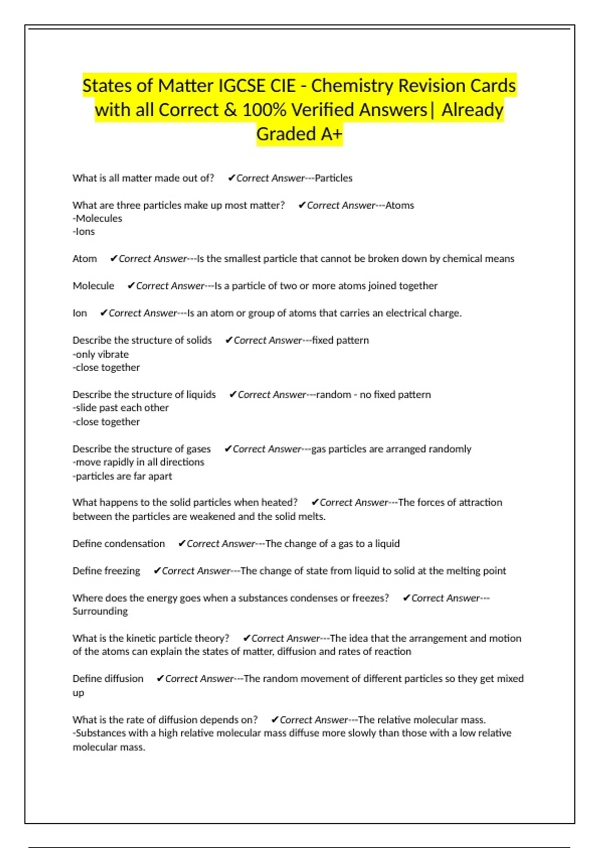 States of Matter IGCSE CIE - Chemistry Revision Cards with all Correct ...