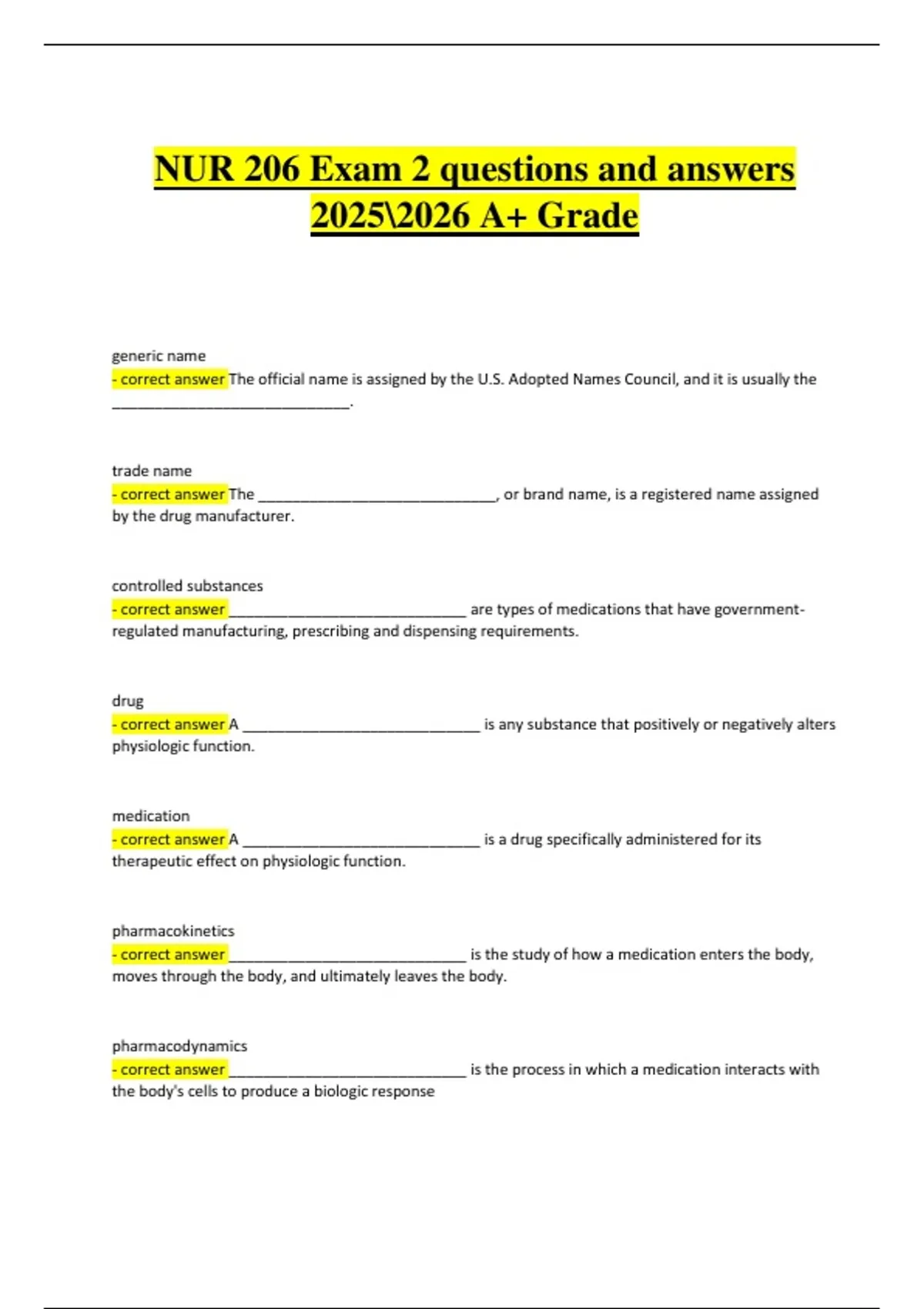 NUR 206 Exam 2 | Verified Questions & Correct Detailed Answers | Latest ...