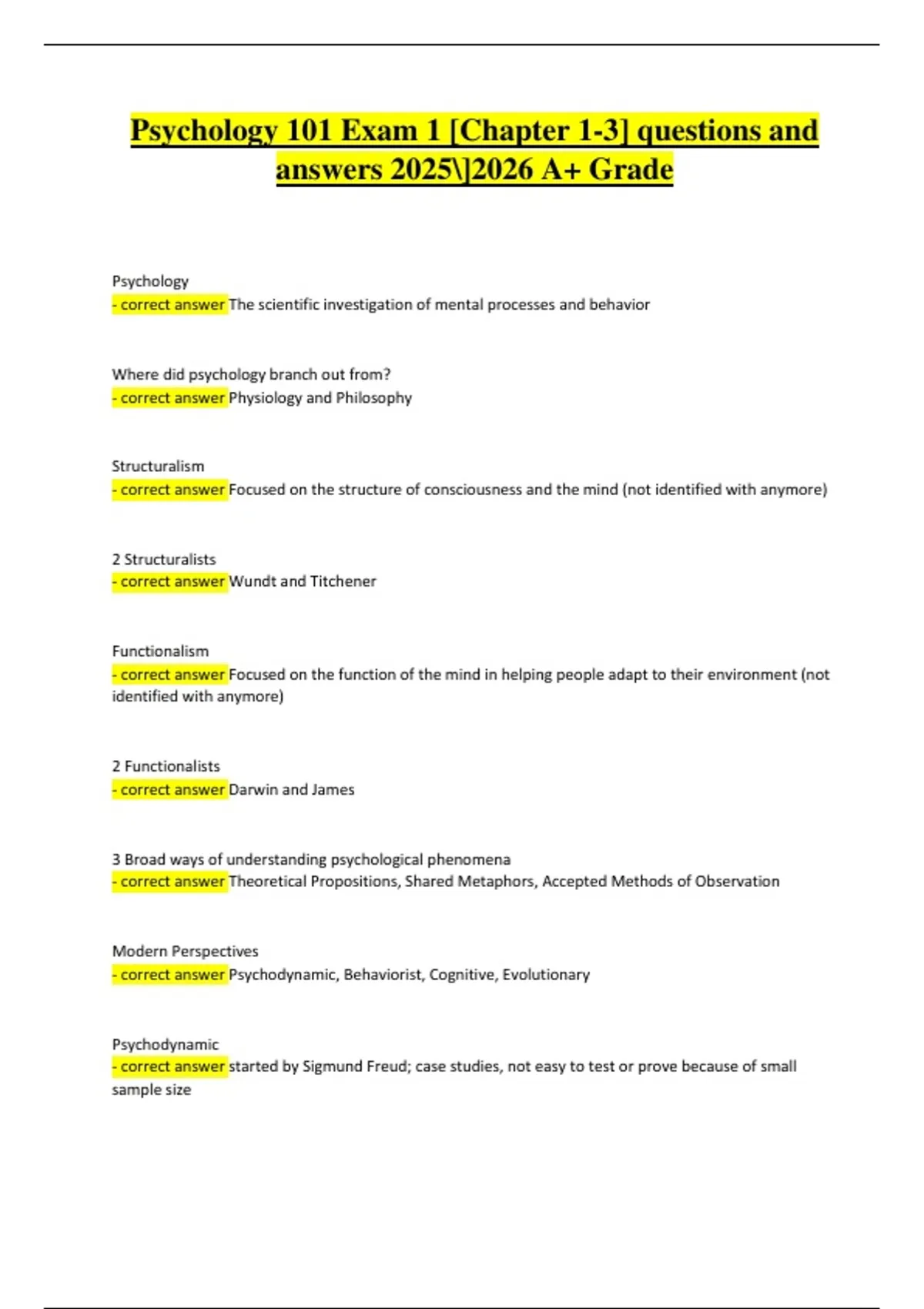 Psychology 101 Exam 1 [Chapters 1–3] | Verified Questions & Correct ...