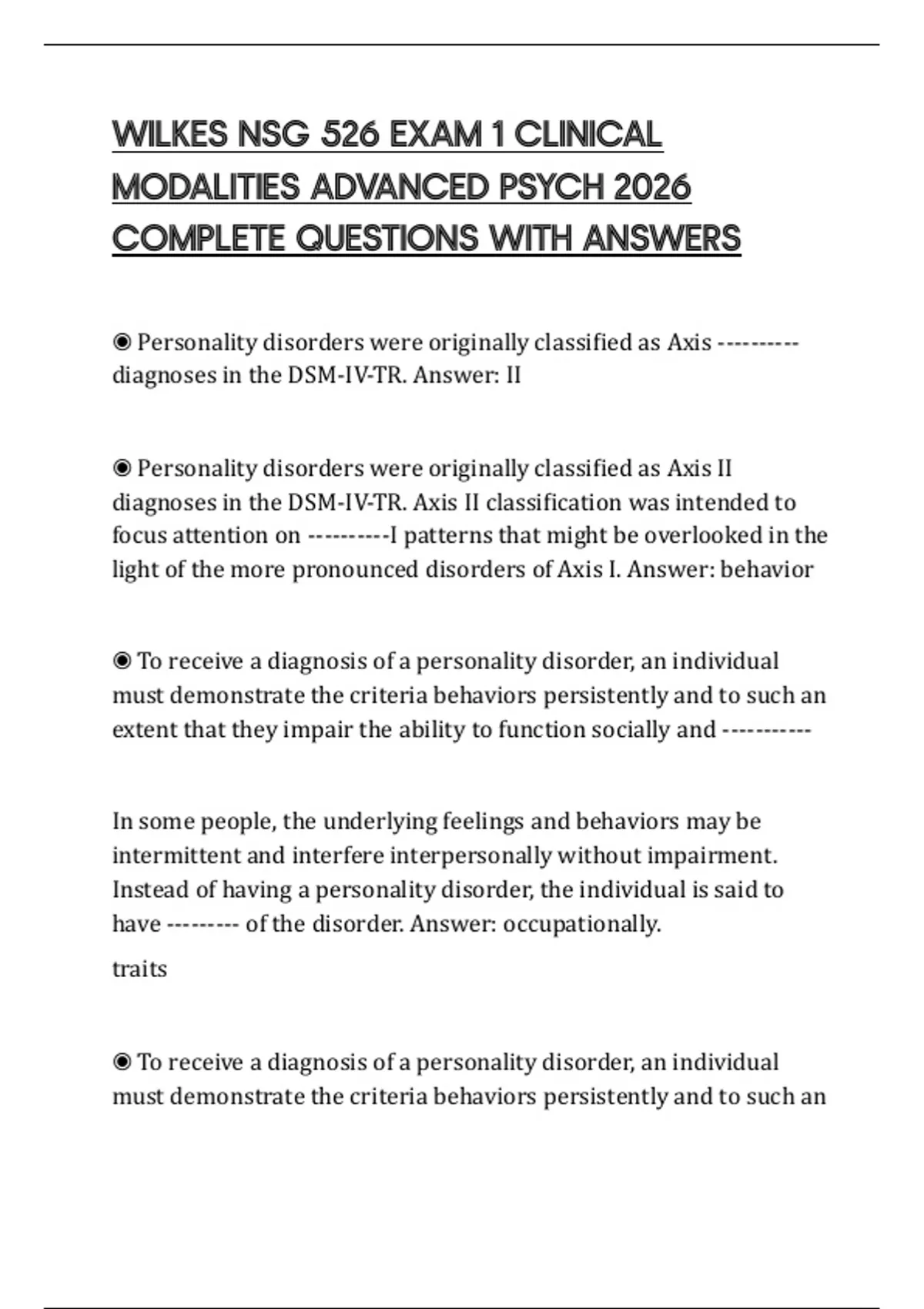 WILKES NSG 526 EXAM 1 CLINICAL MODALITIES ADVANCED PSYCH 2026 COMPLETE ...