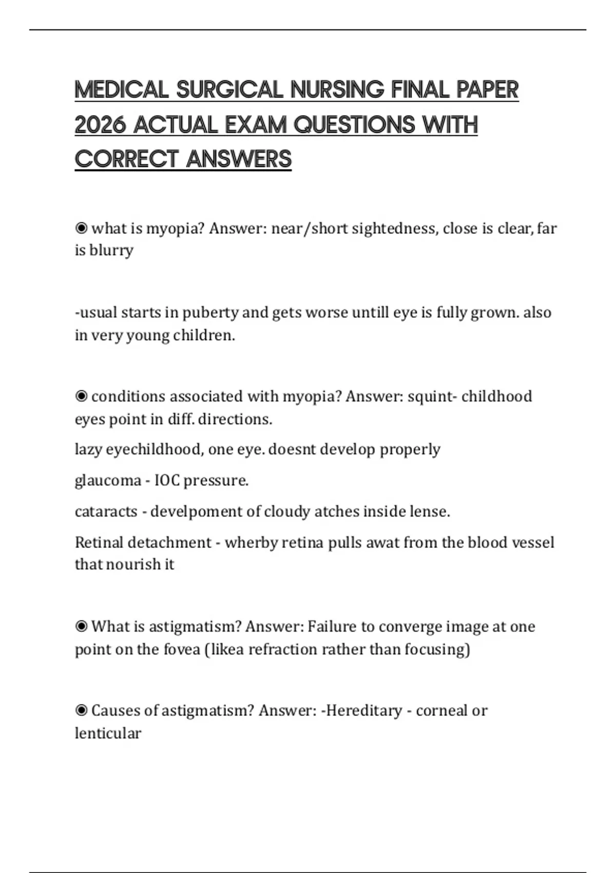 MEDICAL SURGICAL NURSING FINAL PAPER 2026 ACTUAL EXAM QUESTIONS WITH ...