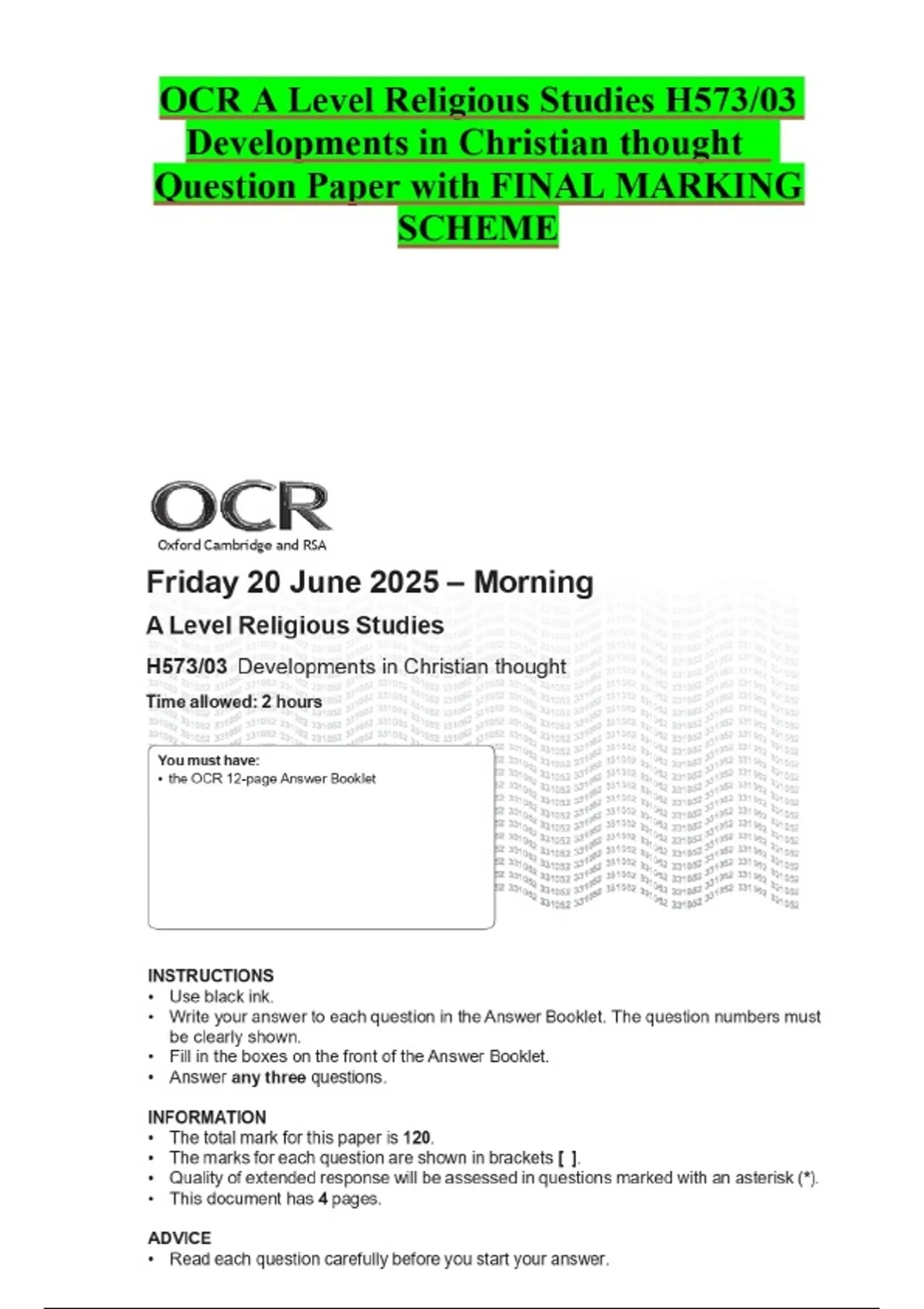 OCR A Level Religious Studies H573/03 Developments in Christian thought ...