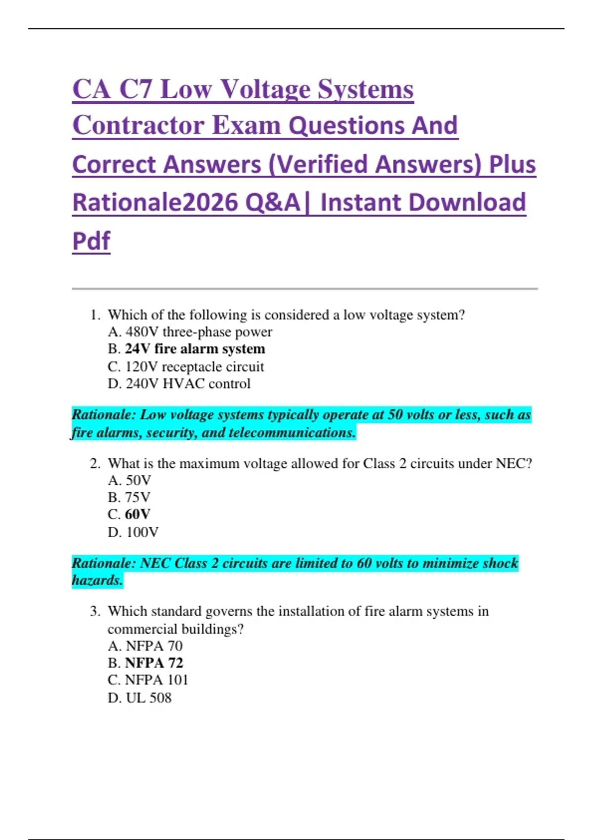 CA C7 Low Voltage Systems Contractor Exam Questions And Correct Answers (Verified Answers) Plus ...