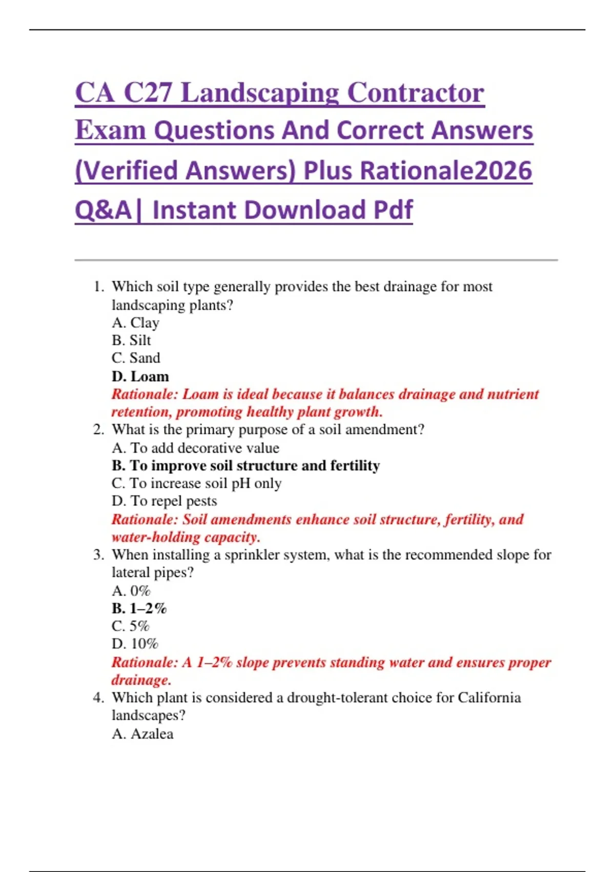 CA C27 Landscaping Contractor Exam Questions And Correct Answers (Verified Answers) Plus ...