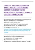 TEXAS ESL TEACHER SUPPLEMENTAL  EXAM &ndash; PRACTICE QUESTIONS AND  CORRECT ANSWERS &lpar;VERIFIED  ANSWERS&rpar; PLUS RATIONALES 2026 Q&A  &vert; INSTANT DOWNLOAD PDF 