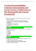 CA Class B General Building  Contractor Exam Questions And  Correct Answers &lpar;Verified Answers&rpar;  Plus Rationale2026 Q&A&vert; Instant  Download Pdf 