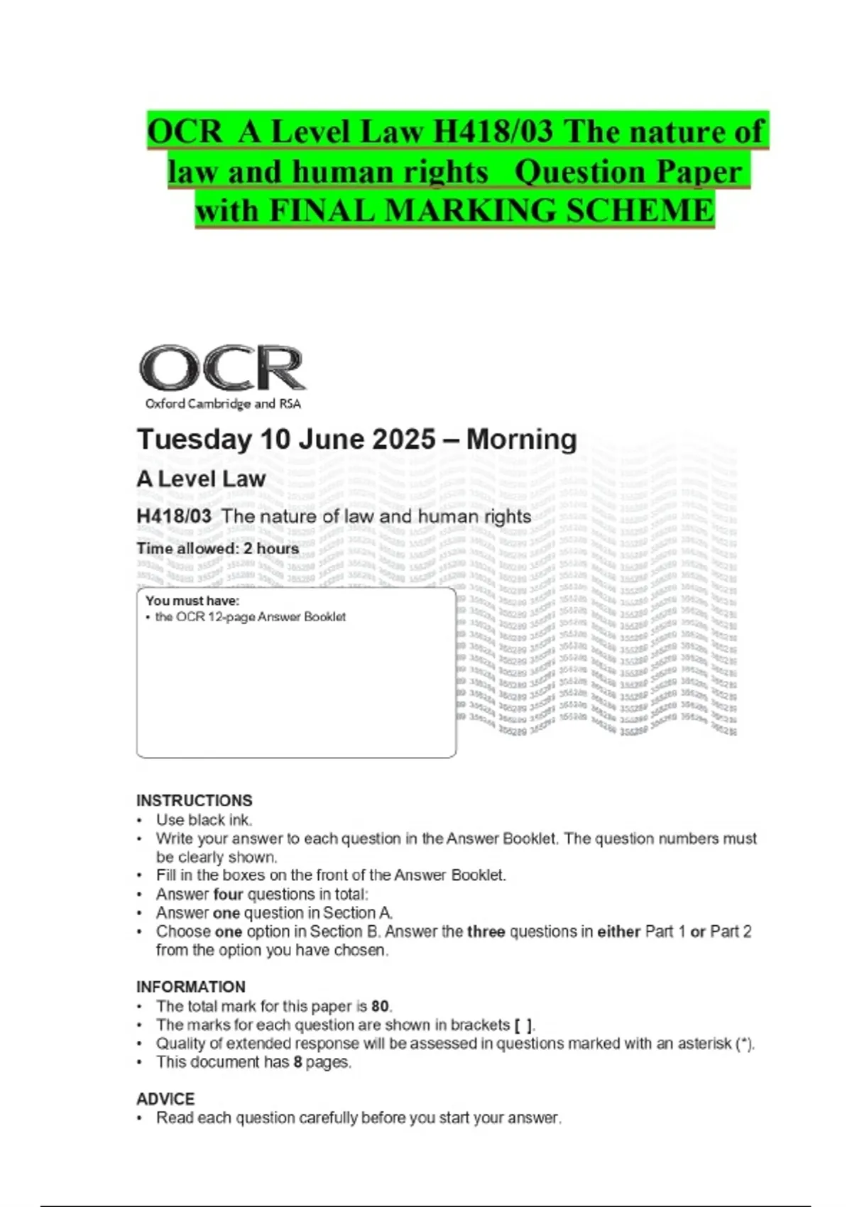 OCR A Level Law H418/03 The nature of law and human rights Question ...