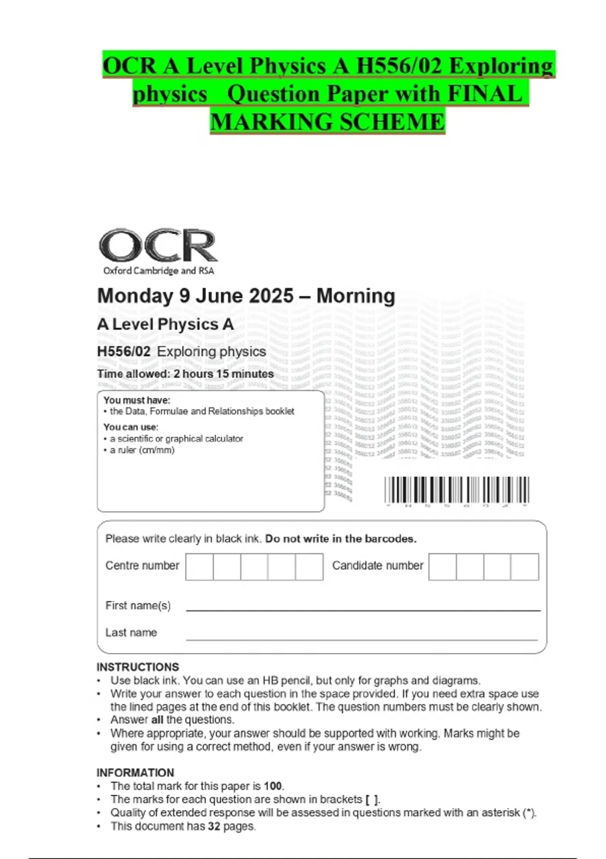 OCR A Level Physics A H556/02 Exploring physics Question Paper with ...