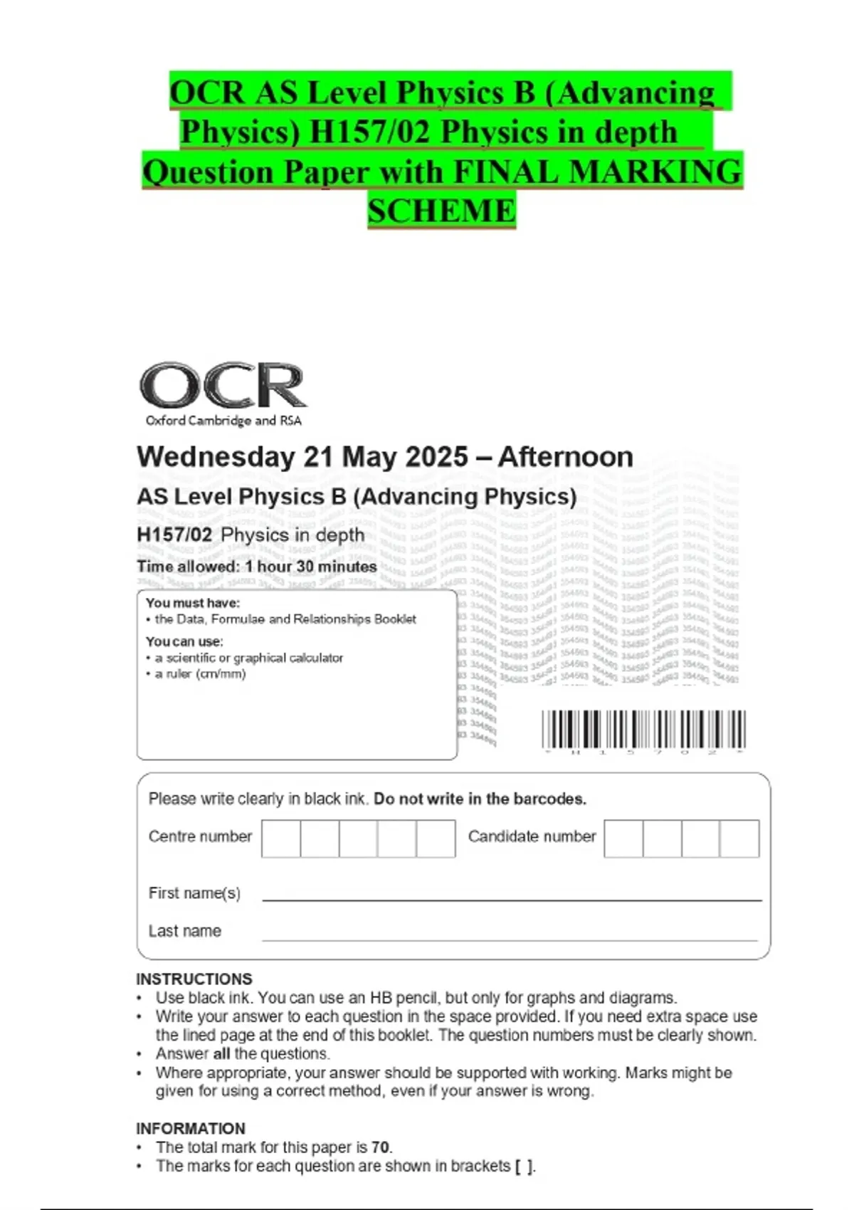 OCR AS Level Physics B (Advancing Physics) H157/02 Physics in depth ...