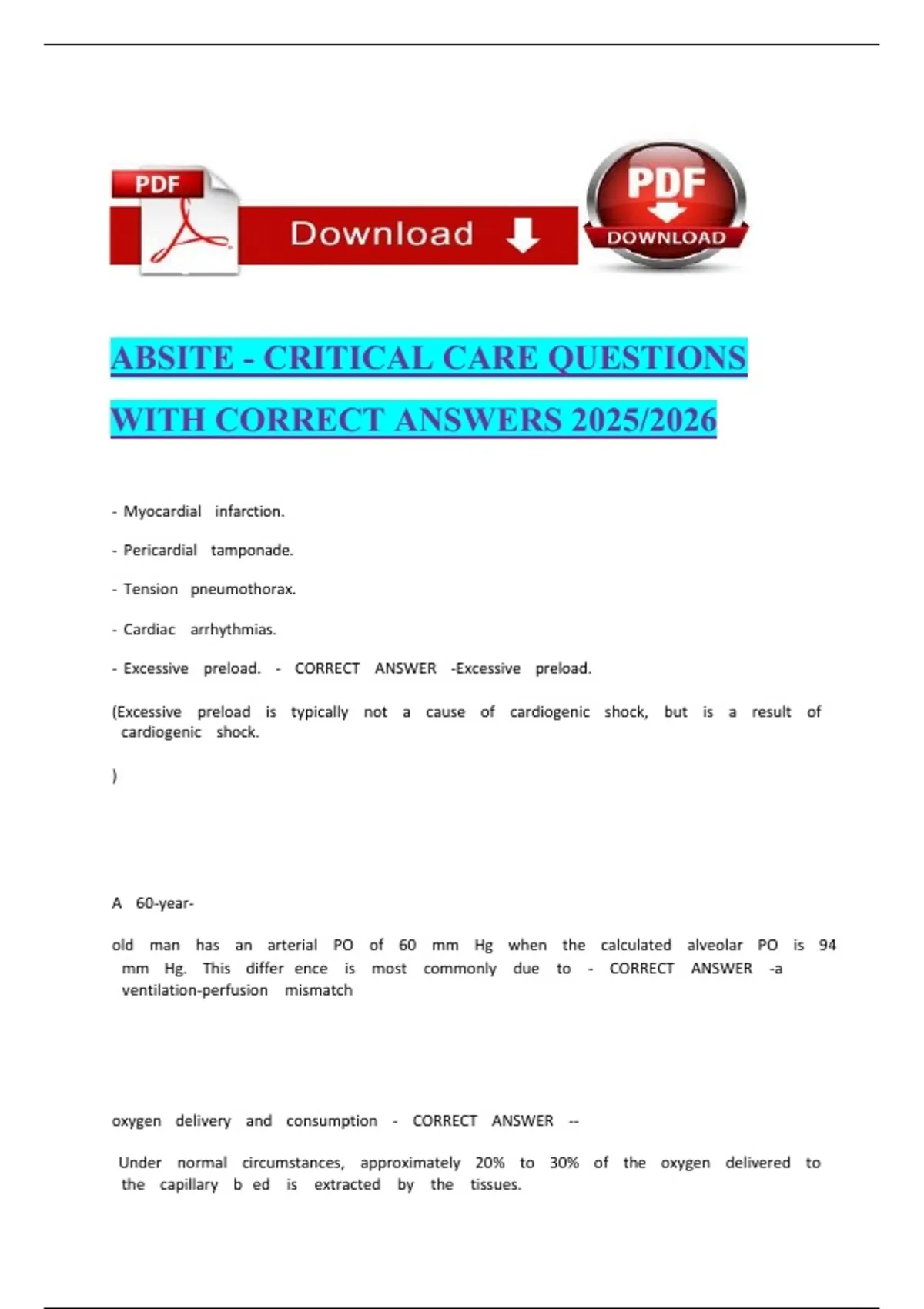 ABSITE - CRITICAL CARE QUESTIONS WITH CORRECT ANSWERS - ABSITE - Stuvia US