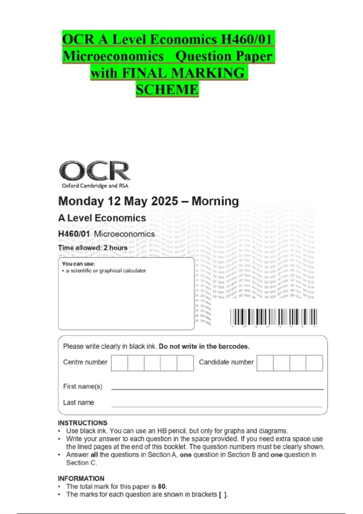 OCR A Level Economics H460/01 Microeconomics Question Paper with FINAL ...