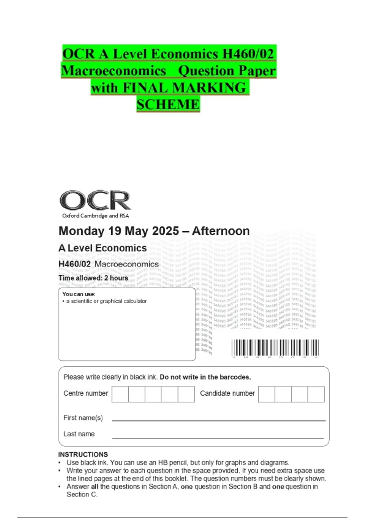 OCR A Level Economics H460/02 Macroeconomics Question Paper with FINAL ...