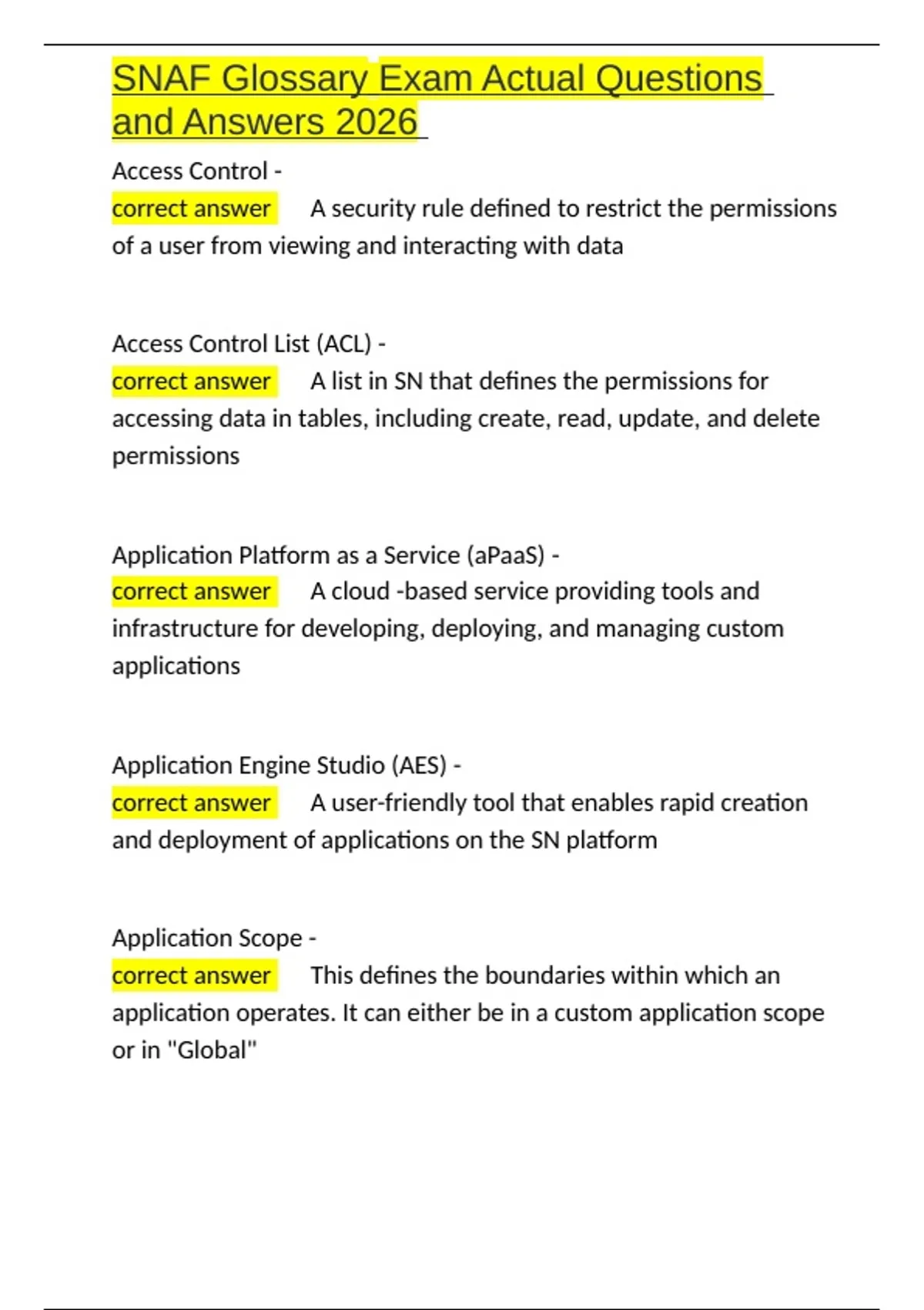 SNAF Glossary Exam Actual Questions and Answers 2026.docx - 2026 ...