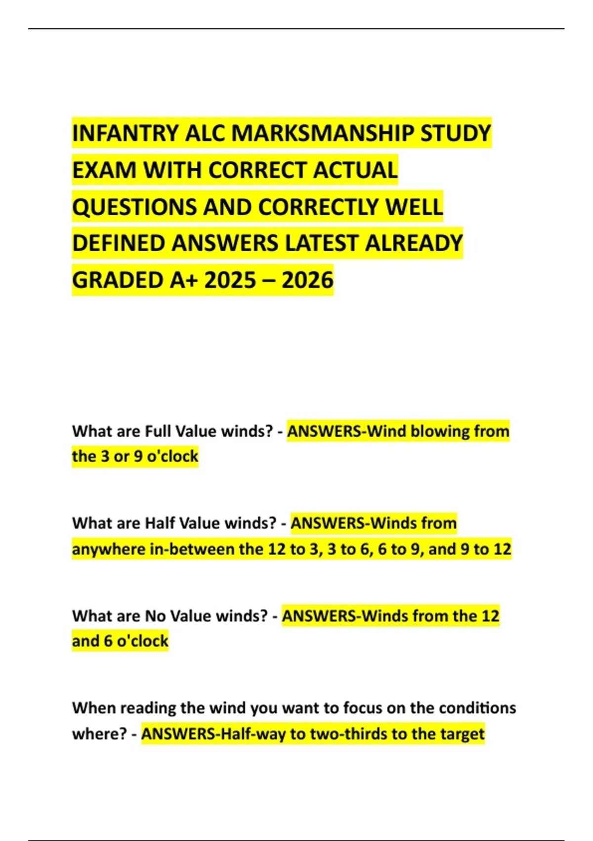 INFANTRY ALC MARKSMANSHIP STUDY EXAM WITH CORRECT ACTUAL QUESTIONS AND ...