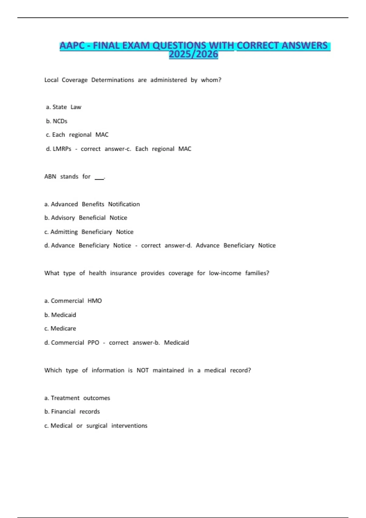 AAPC - FINAL EXAM QUESTIONS WITH CORRECT ANSWERS - AAPC CPC - Stuvia US