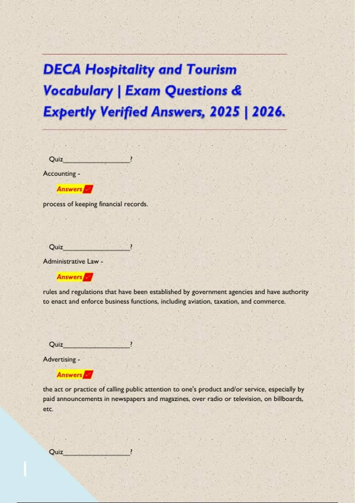 DECA Hospitality and Tourism Vocabulary | Exam Questions & Expertly ...