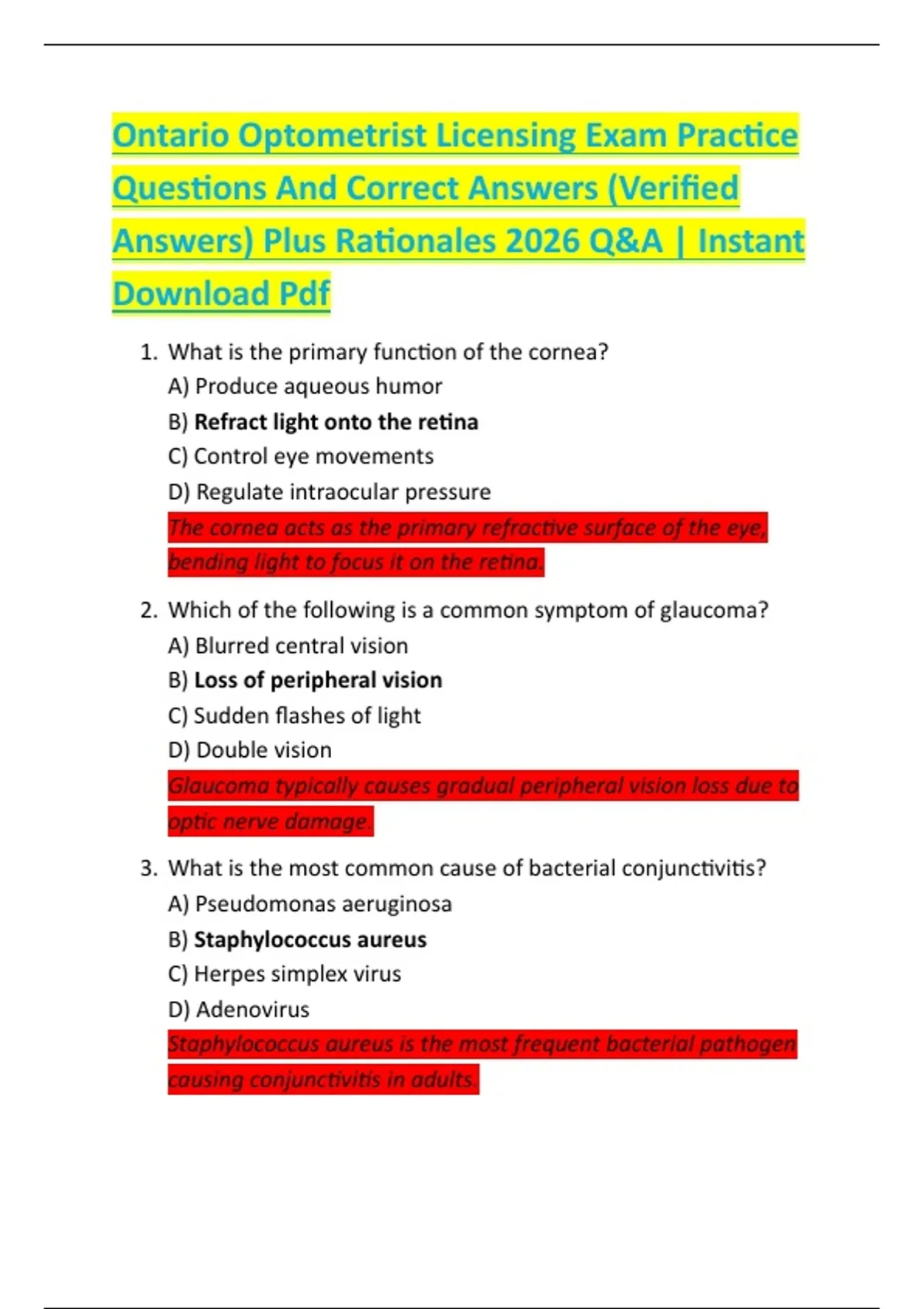 Optometry Related Questions Ontario Optometrist Licensing Exam Practice Questions And Correct ...