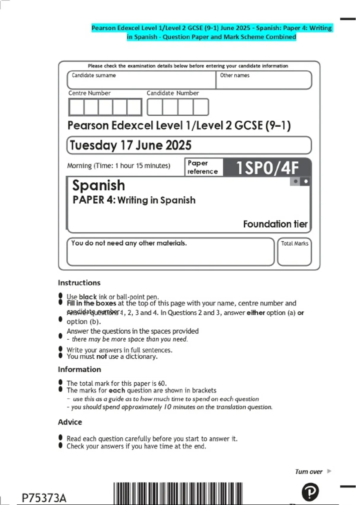 Pearson Edexcel Level 1/Level 2 GCSE (9-1) June 2025 - Spanish: Paper 4 ...