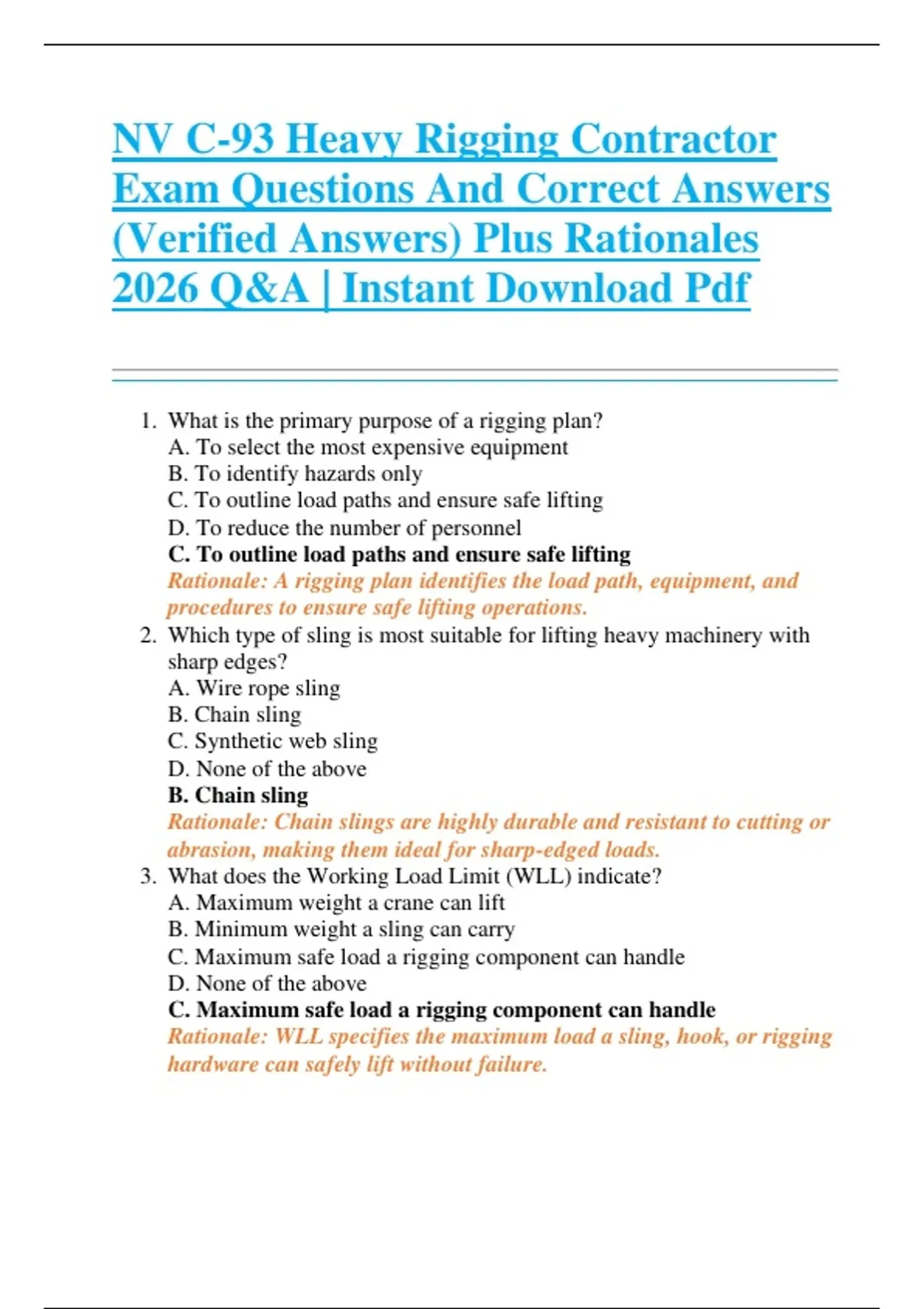 NV C-93 Heavy Rigging Contractor Exam Questions And Correct Answers ...
