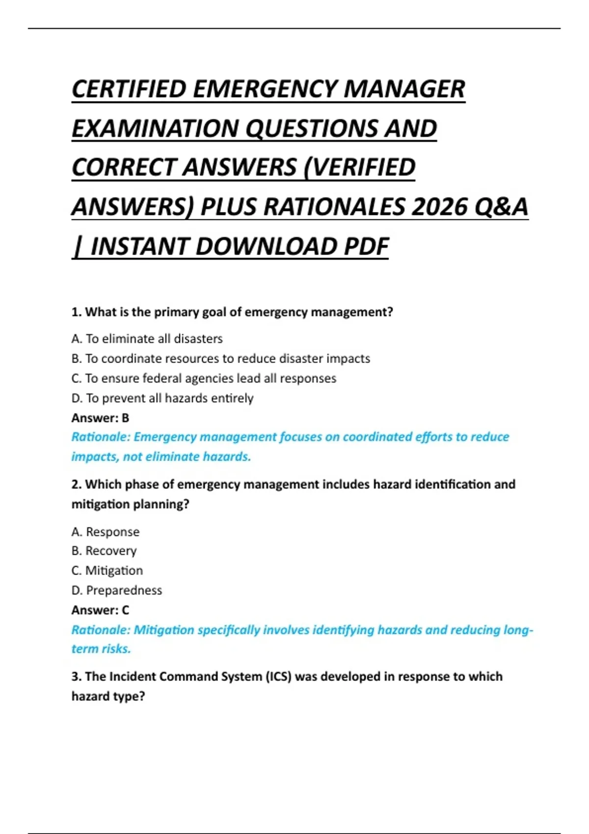 CERTIFIED EMERGENCY MANAGER EXAMINATION QUESTIONS AND CORRECT ANSWERS ...